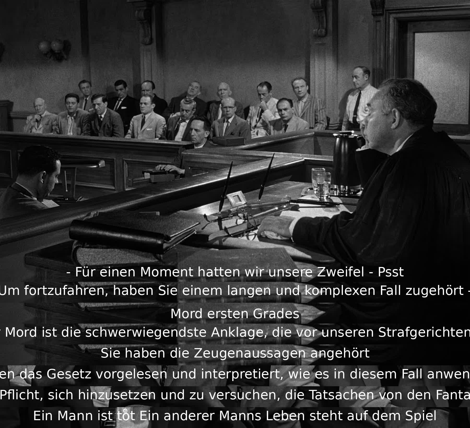 Für einen Moment hatten wir Zweifel, aber nun müssen wir den langen und komplexen Fall eines vorsätzlichen Mordes ersten Grades klar betrachten. Zeugenaussagen wurden gehört, Gesetz und Interpretationen gegeben. Es ist jetzt unsere Pflicht, Fakten von Fantasie zu trennen, da ein Mann tot ist und das Leben eines anderen auf dem Spiel steht.