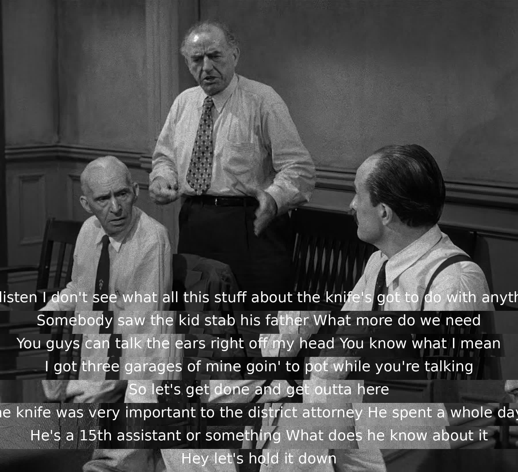 A juror questions the importance of the knife in a murder case, while another argues that a witness saw the accused commit the crime. Frustrated by the ongoing debate, a juror wants to finish the discussion quickly as his businesses suffer. They doubt the district attorney's expertise.