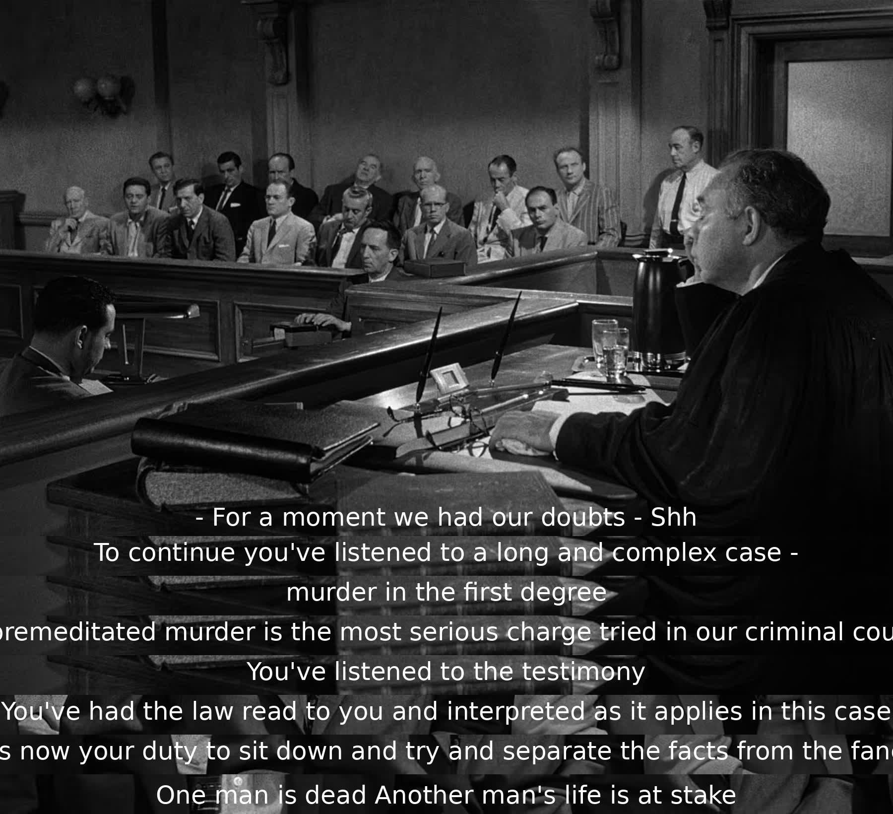 The jurors deliberate on a first-degree murder case, emphasizing the seriousness of the charge and the importance of separating facts from speculation. They stress the gravity of a man's life being at stake and the necessity of careful consideration.