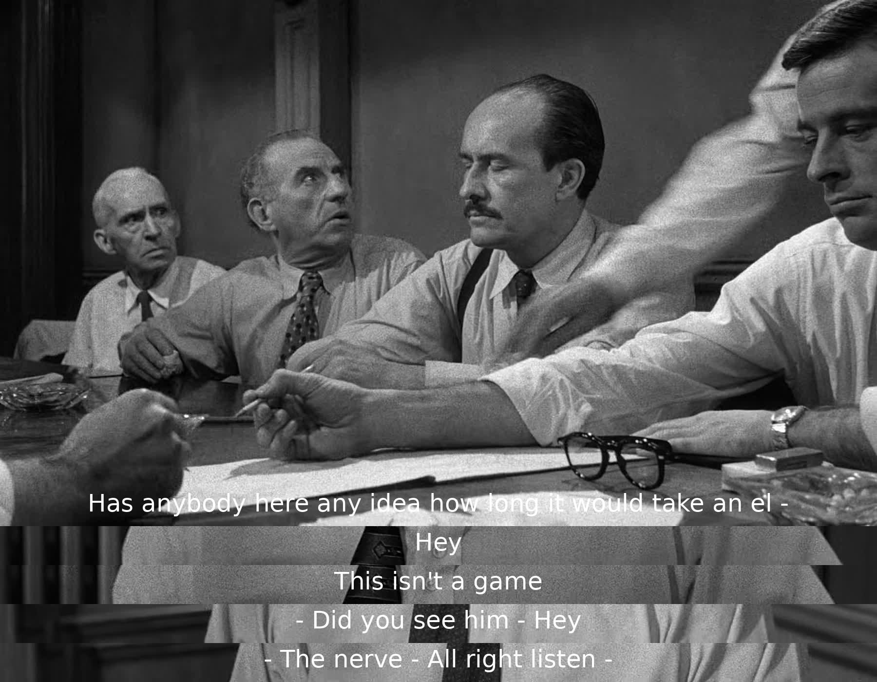 The dialogue involves a heated argument in a serious setting. One person is interrupted while speaking about the timeliness of a crime. Another person expresses frustration and redirects the group's attention.