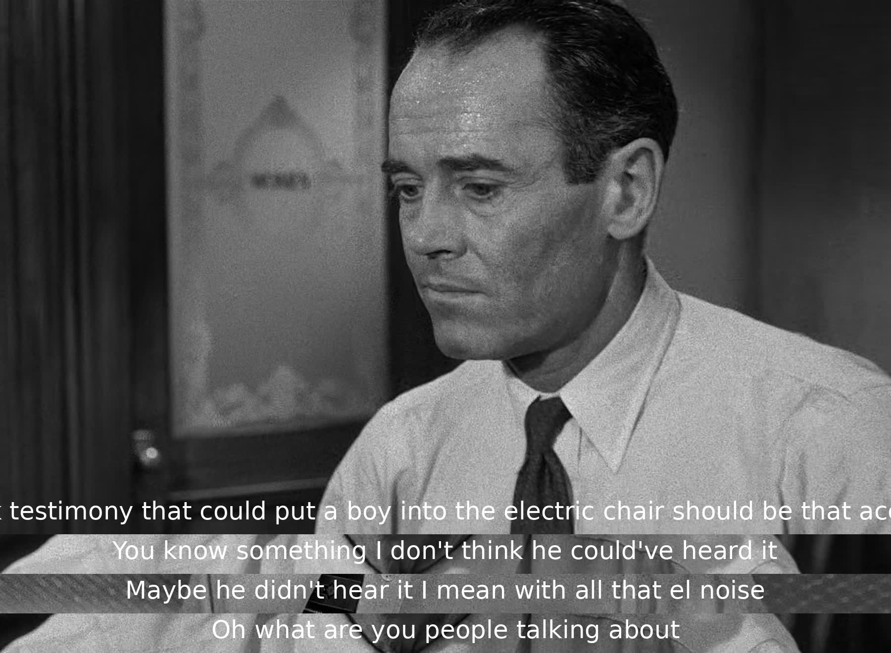 The jurors discuss the accuracy of a crucial testimony that could lead to the boy's execution. One juror questions if the noise at the train station could have prevented him from hearing the alleged conversation. The group debates the importance of these details in reaching a fair verdict.