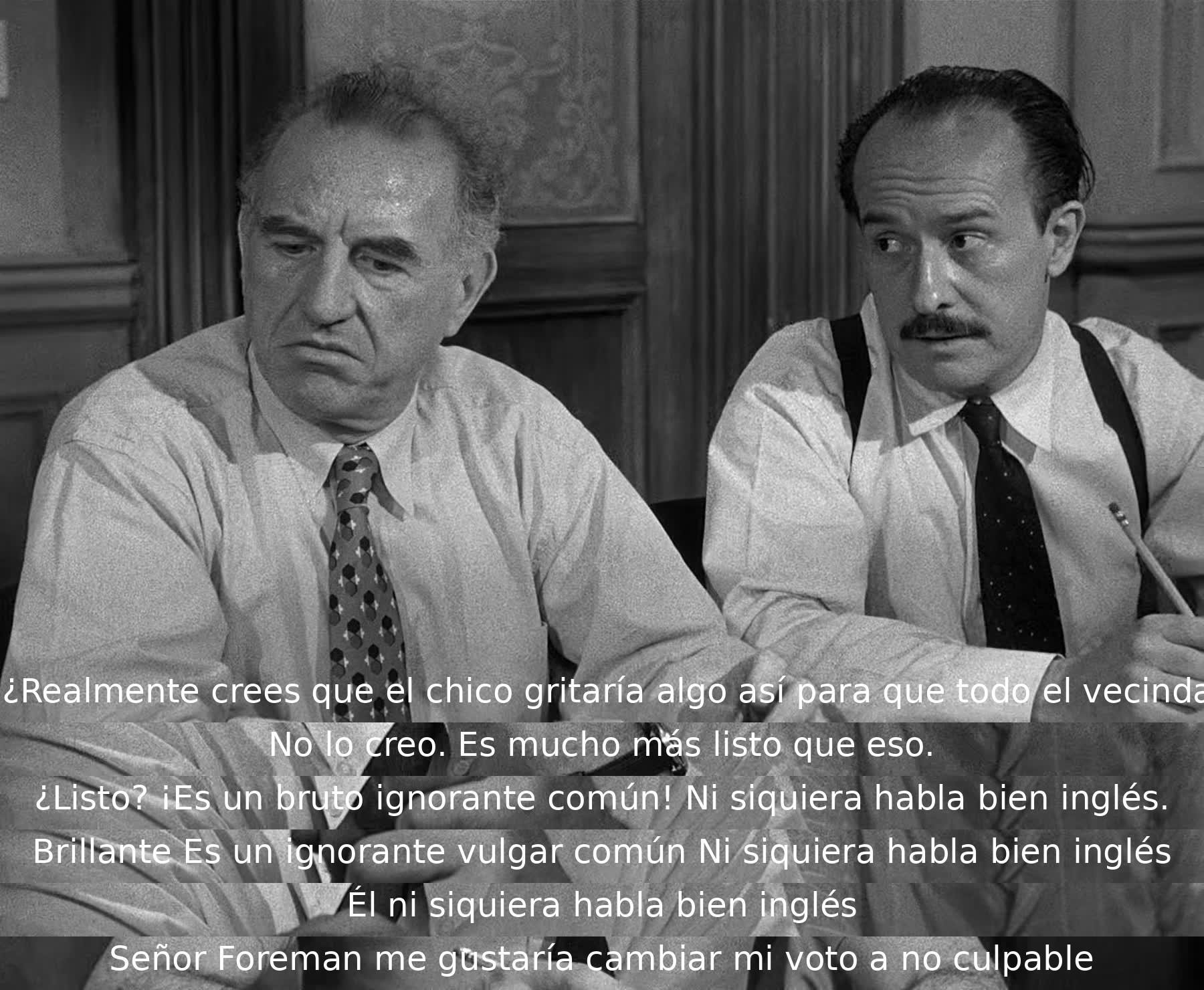 Un jurado debate si un chico de barrio sería tan descuidado en asesinar como se le acusa. Un miembro cambia su voto a no culpable al cuestionar la inteligencia del acusado.