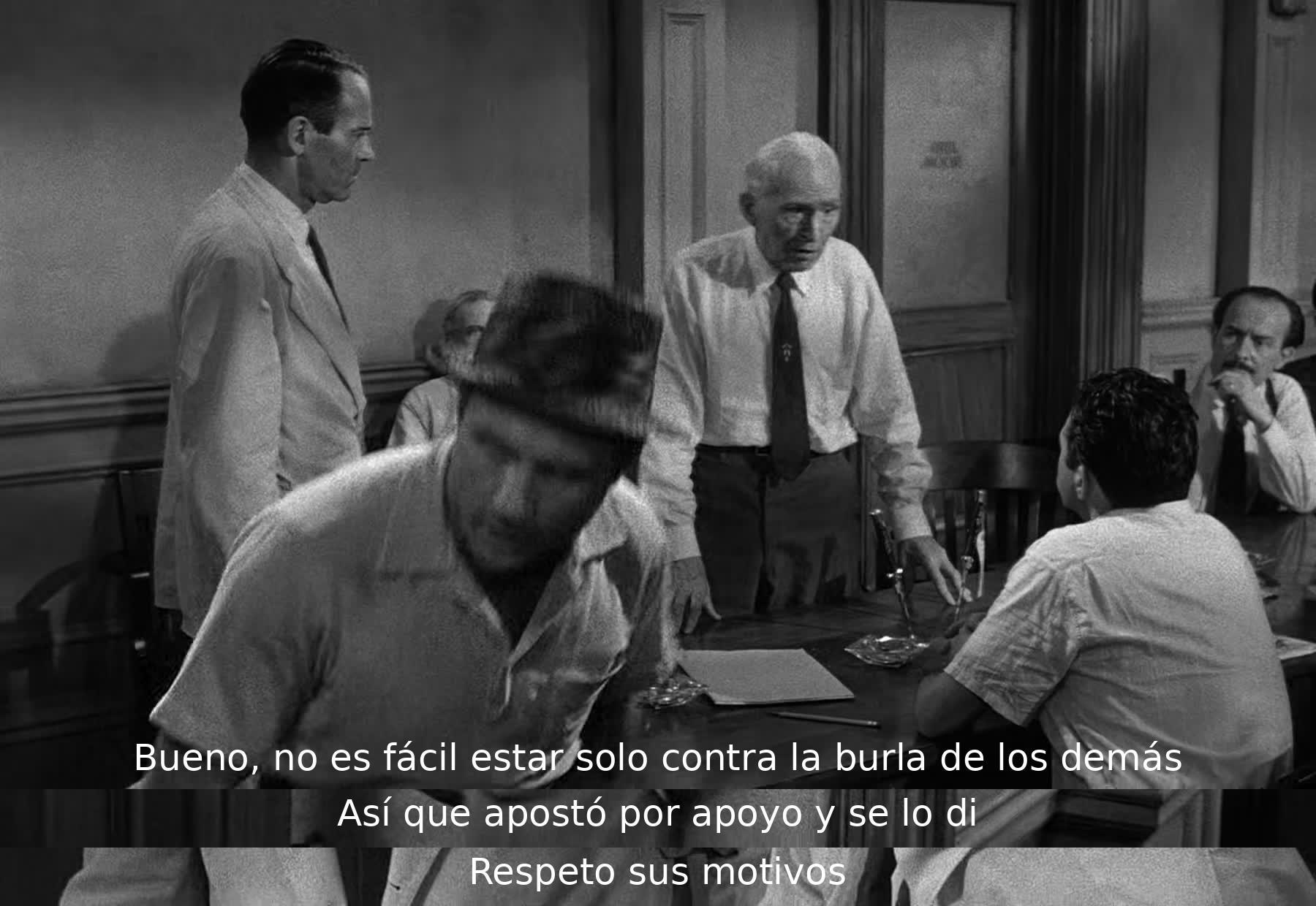 Un hombre se siente solo al enfrentarse a la burla de los demás, pero otro le brinda su apoyo y comprensión, respetando sus razones.