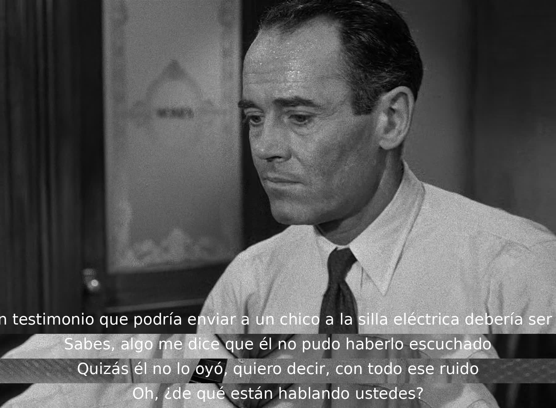 Uno de los hombres duda sobre la precisión de un testimonio que podría condenar a un joven a la silla eléctrica. Otro sugiere que el joven no pudo haber escuchado lo que supuestamente dijo debido al ruido. Otro se da cuenta de la confusión en la discusión y pregunta de qué están hablando.