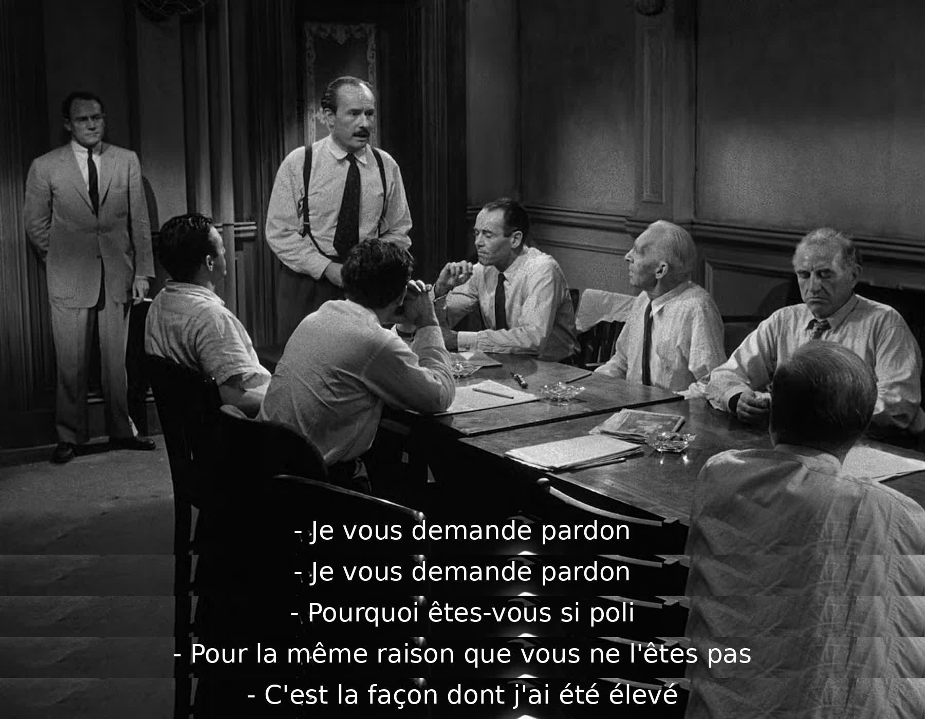 Les personnages se demandent mutuellement pourquoi l'un est si poli et l'autre ne l'est pas. L'un explique que c'est une question d'éducation, révélant ainsi une différence fondamentale entre eux sur la politesse et les normes sociales.