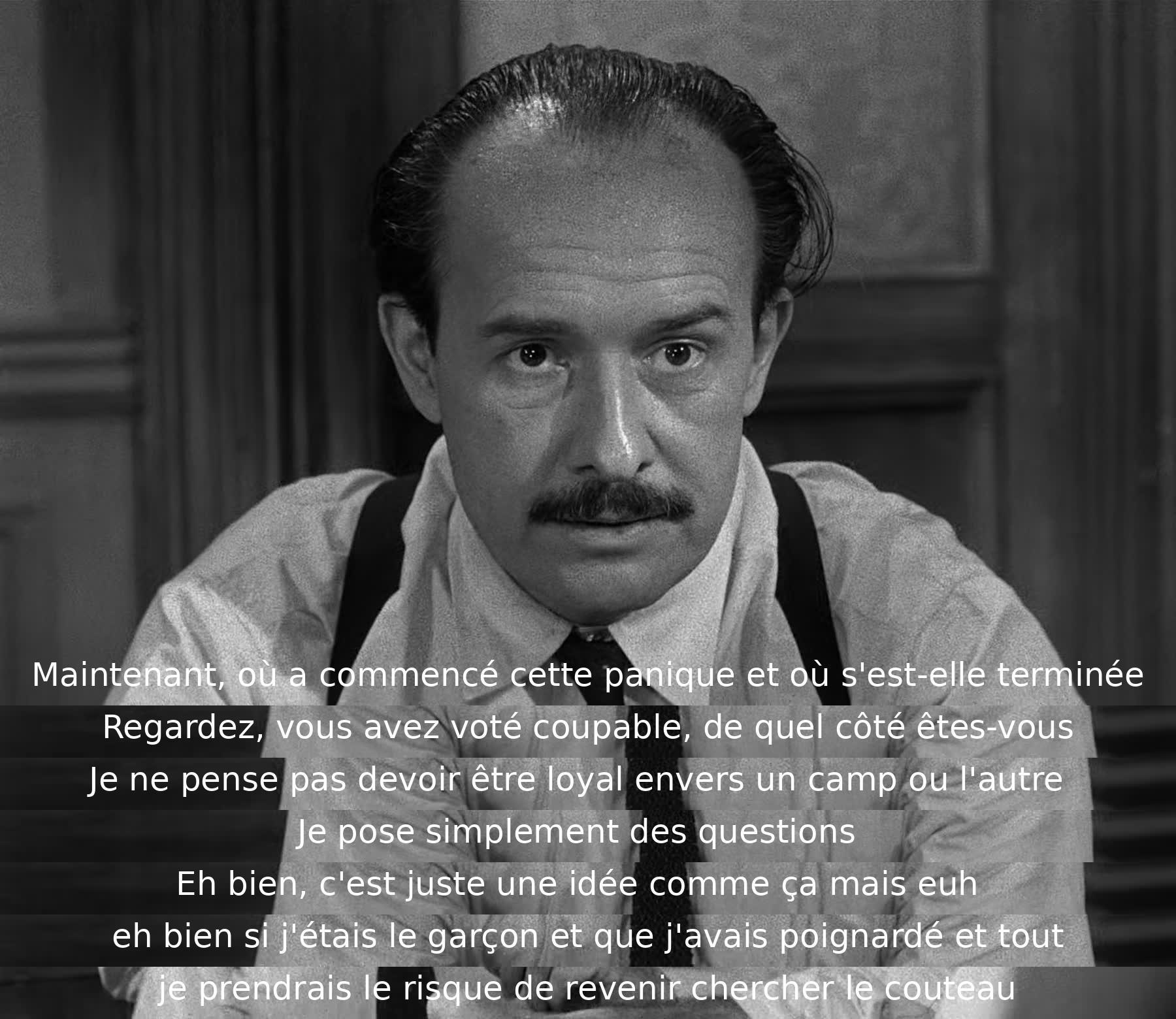 La scène met en évidence un débat entre les jurés sur la culpabilité d'un garçon accusé de meurtre. L'un des jurés pose des questions pour en savoir plus, tandis qu'un autre exprime une réflexion personnelle sur la situation hypothétique du garçon.