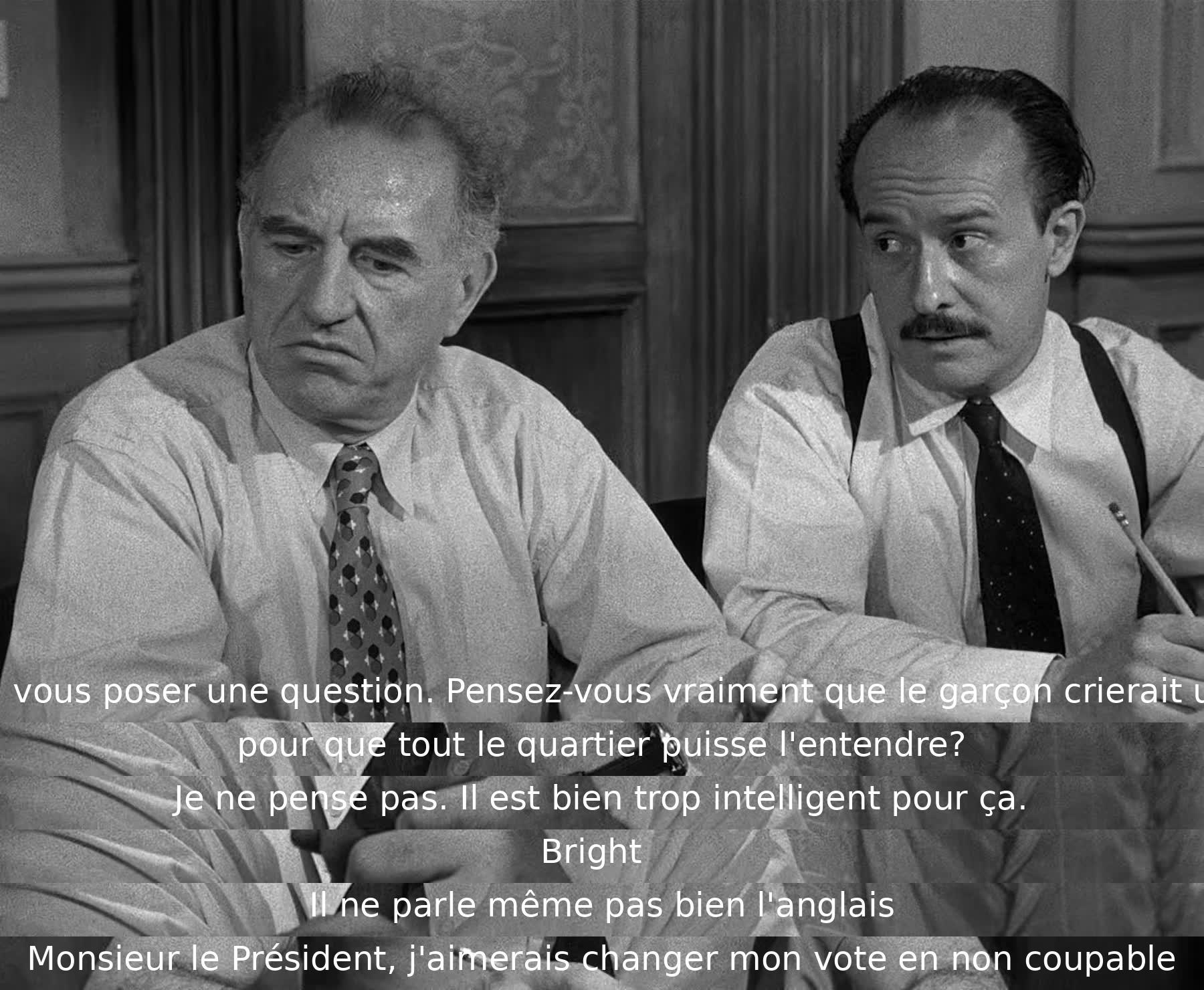 Un juré exprime son doute sur l'accusé criant son crime publiquement, affirmant qu'il est intelligent. Un autre juré le qualifie alors d'ignorant ne parlant pas bien anglais. Le débat soulève des questions sur la crédibilité de l'accusé.