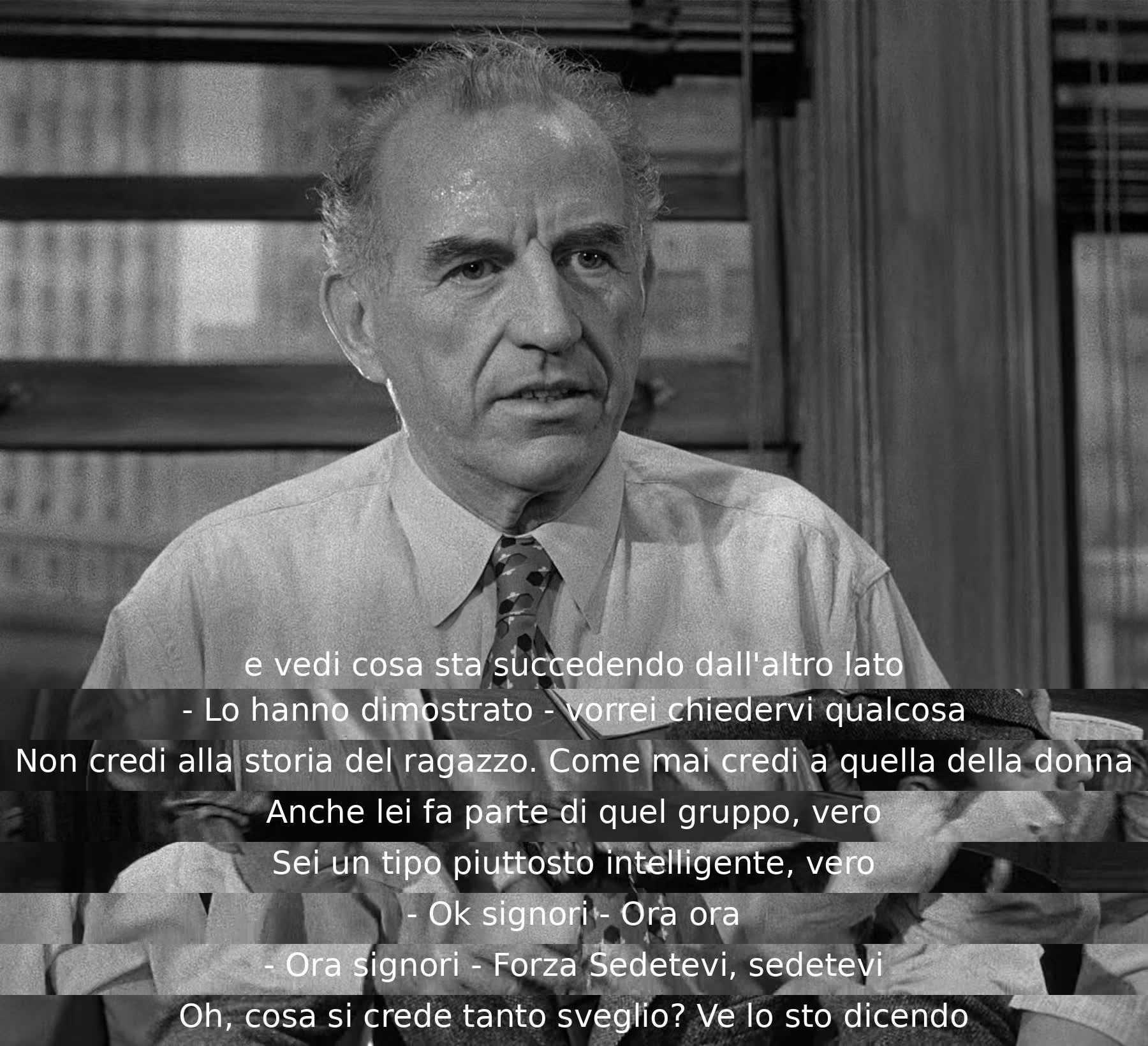 Un uomo intelligente non crede alla storia del ragazzo accusato, ma si chiede perché credere a quella della donna. La discussione si intensifica mentre si esplorano le motivazioni dietro le convinzioni dei giurati riguardo al caso.