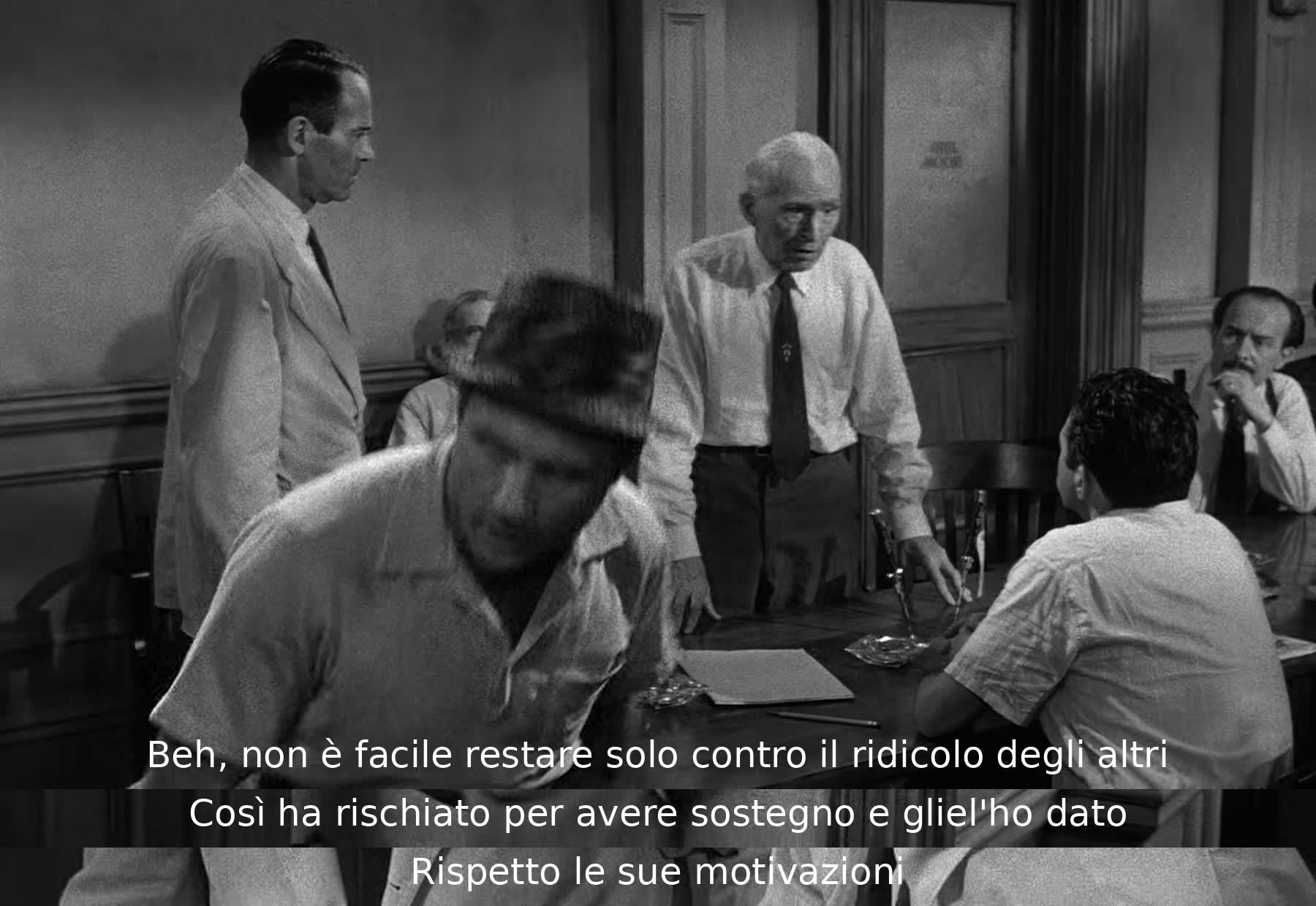 Un uomo si scontra con gli altri giurati per difendere l'innocenza dell'imputato. Nonostante l'iniziale solitudine, un altro giurato lo sostiene, apprezzando le sue motivazioni coraggiose.