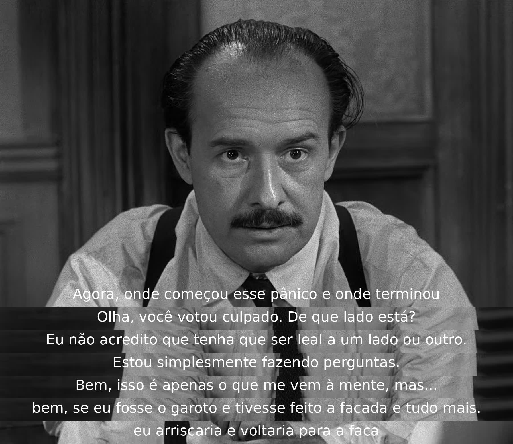 O diálogo envolve um jurado questionando a decisão de outro, que reflete sobre a importância de ser imparcial. A discussão revela a natureza dos votos e a ponderação sobre a possibilidade de erro. Os jurados exploram diferentes perspectivas em relação à culpa do réu.