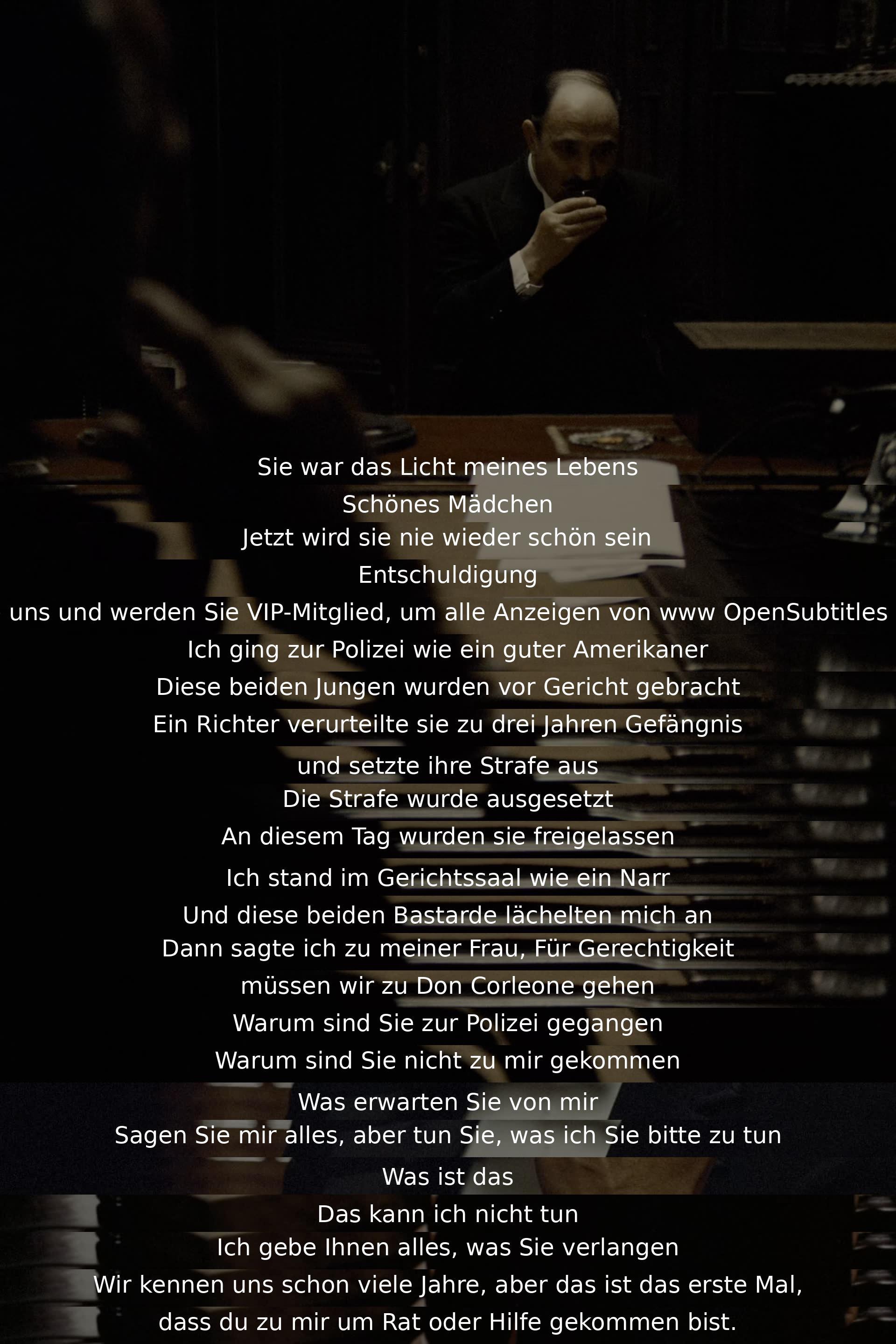 Ein Mann erzählt, dass er die Polizei statt einen Mafiaboss um Hilfe suchte, um Rache an jungen Männern zu nehmen, die seine Tochter verunstalteten. Der Mafiaboss bietet Hilfe an, aber verlangt absolute Unterordnung für seinen Dienst. Der Mann zögert, da dies ungewohnt ist.