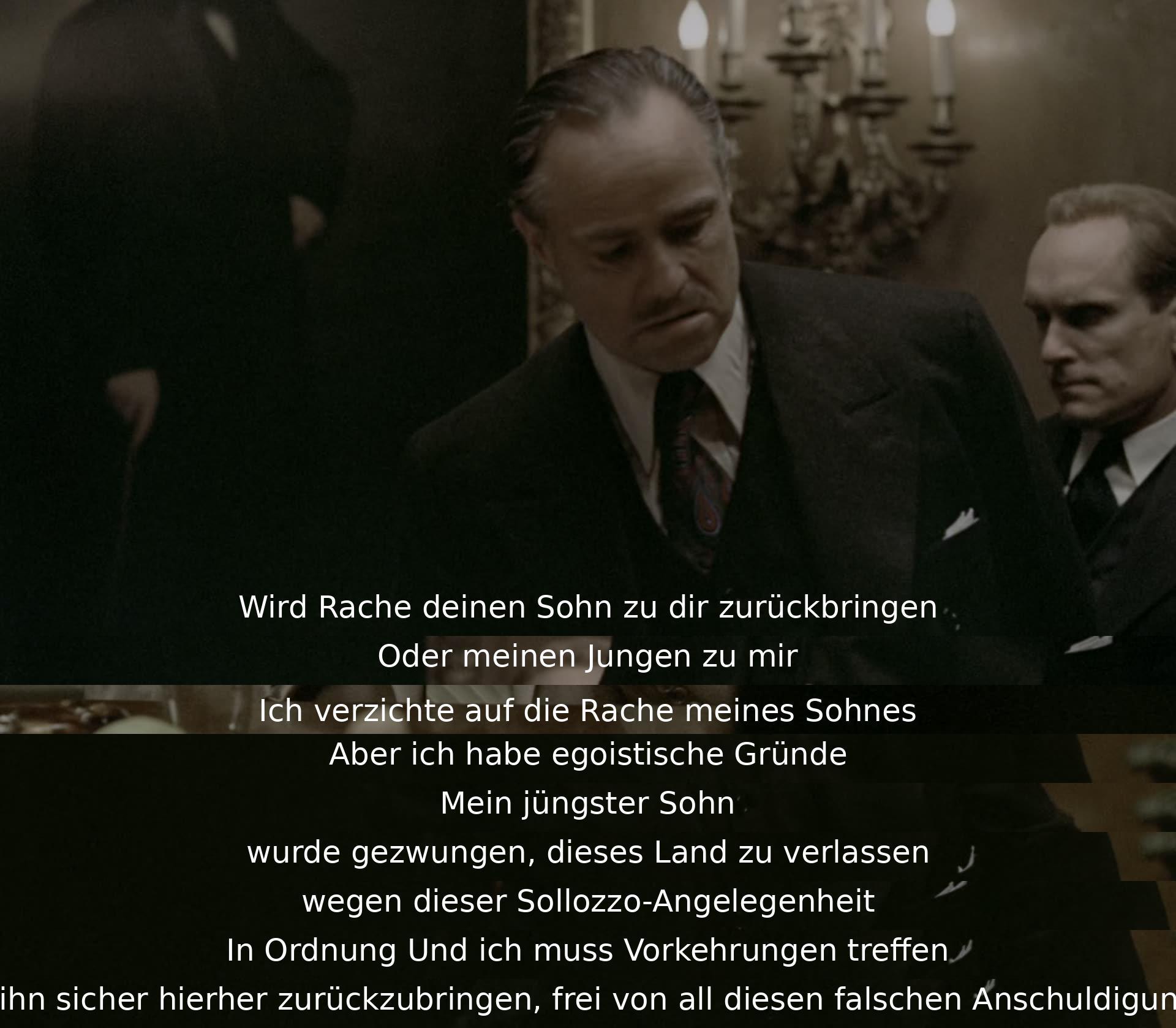 Rache wird nicht gesucht, denn der Sprecher möchte, dass sein Sohn sicher zurückkehrt. Er hat egoistische Gründe, seinen jüngsten Sohn vor falschen Anschuldigungen zu schützen und plant, ihn aus dem Ausland zurückzuholen.