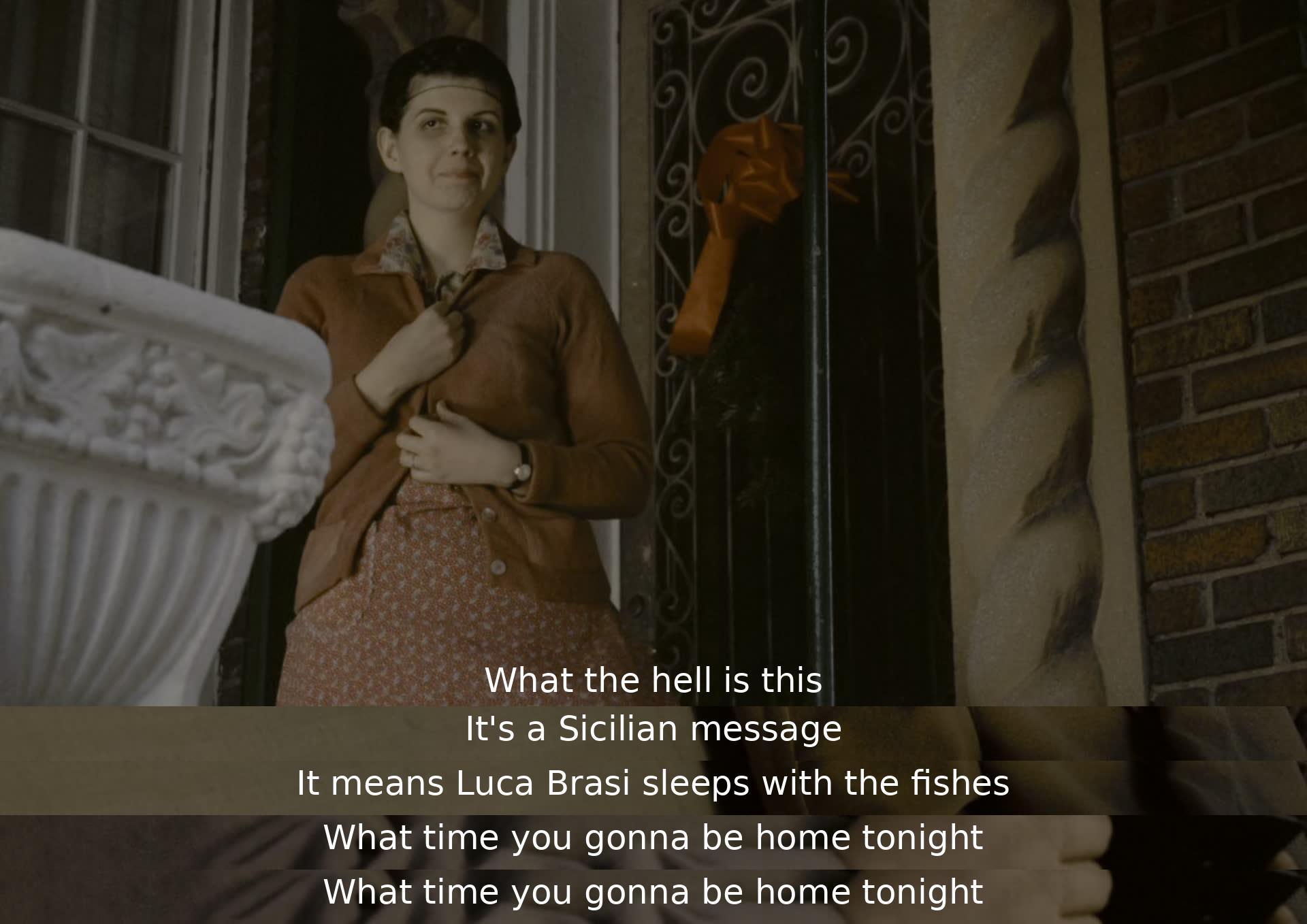 One person questions the meaning of a fish in their bed, a reference to someone's death. The conversation shifts to plans for the evening's return home.