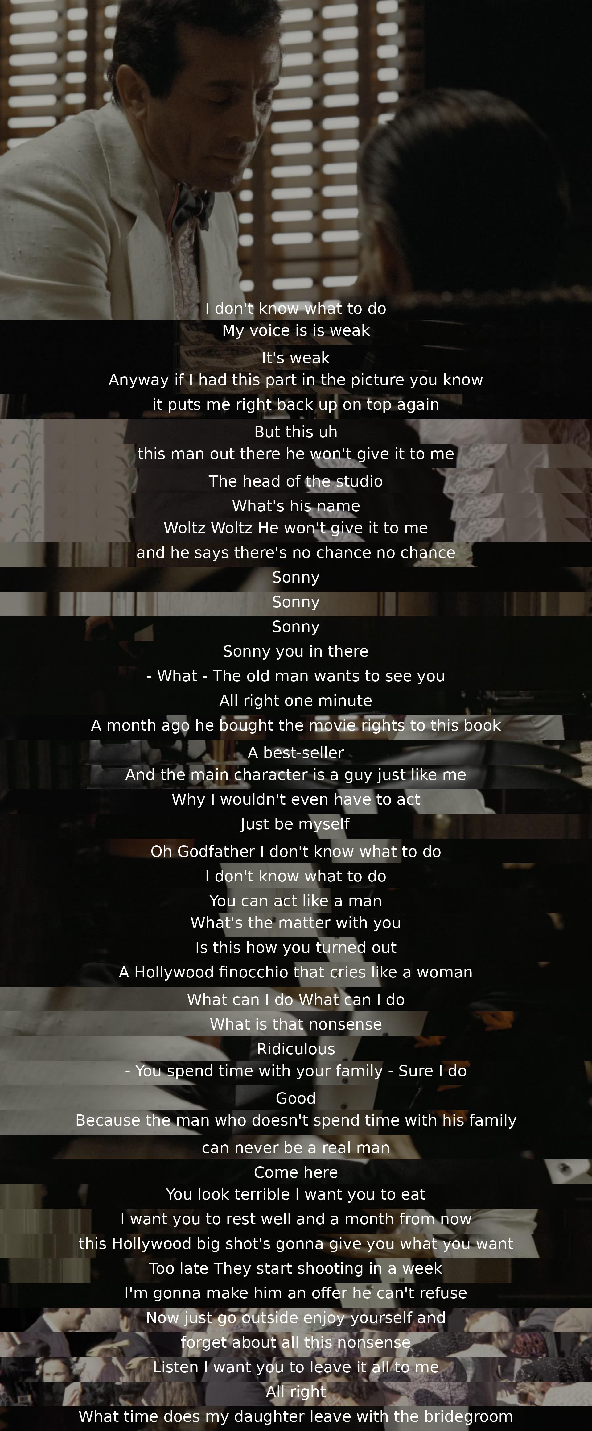 A man seeks his boss's favor for a film role, lamenting a missed opportunity. The protagonist panics, seeking advice from his godfather, who chastises his weakness and promises to make an irresistible offer. The godfather urges him to prioritize family and entrusts him to handle the situation.