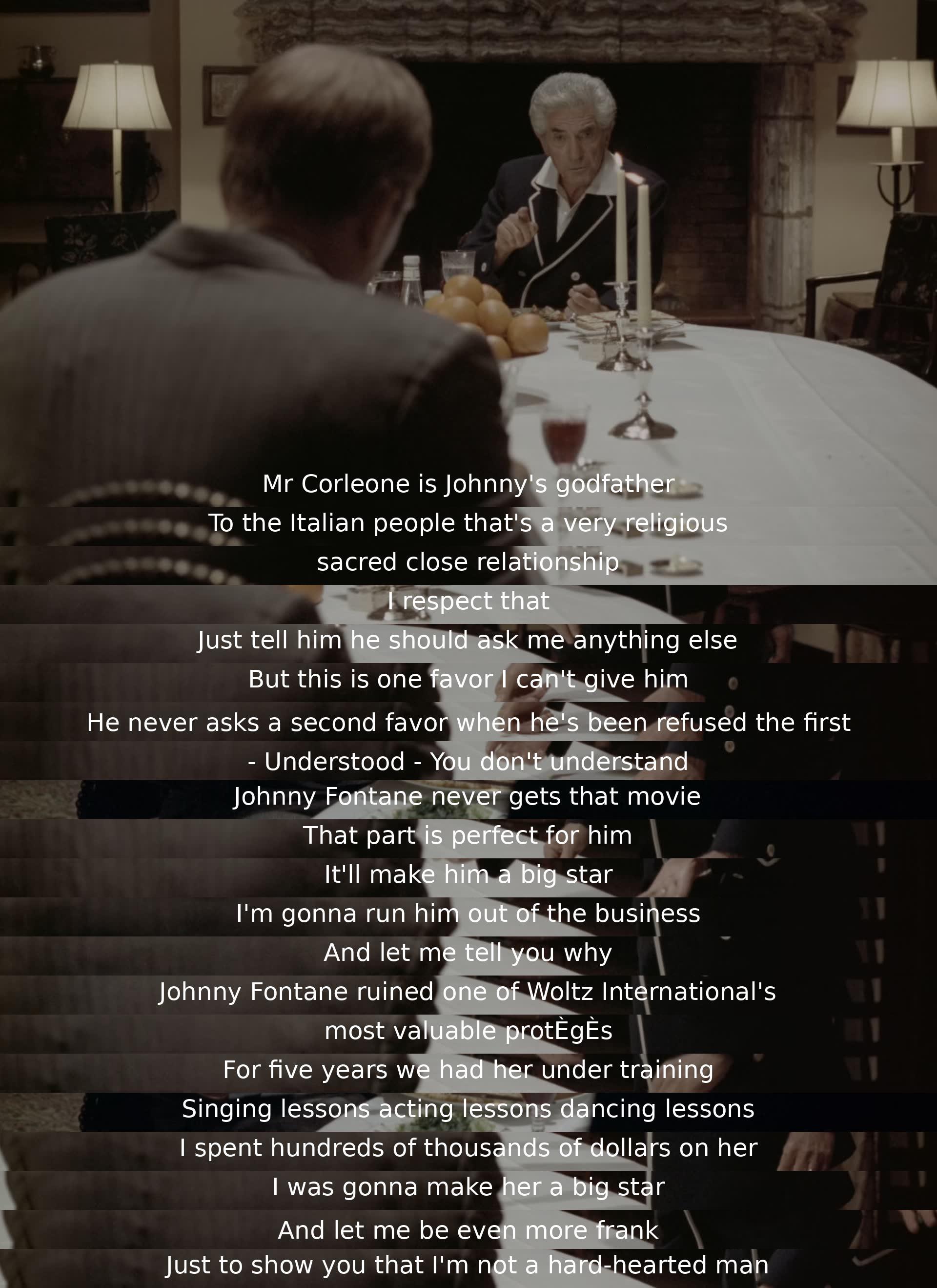 A man refuses a favor to Johnny Fontane due to a personal grudge. He believes the singer ruined a valuable protégé's career and plans to sabotage Fontane's opportunities in the entertainment industry as revenge. The refusal creates tension and signifies a deeper conflict.