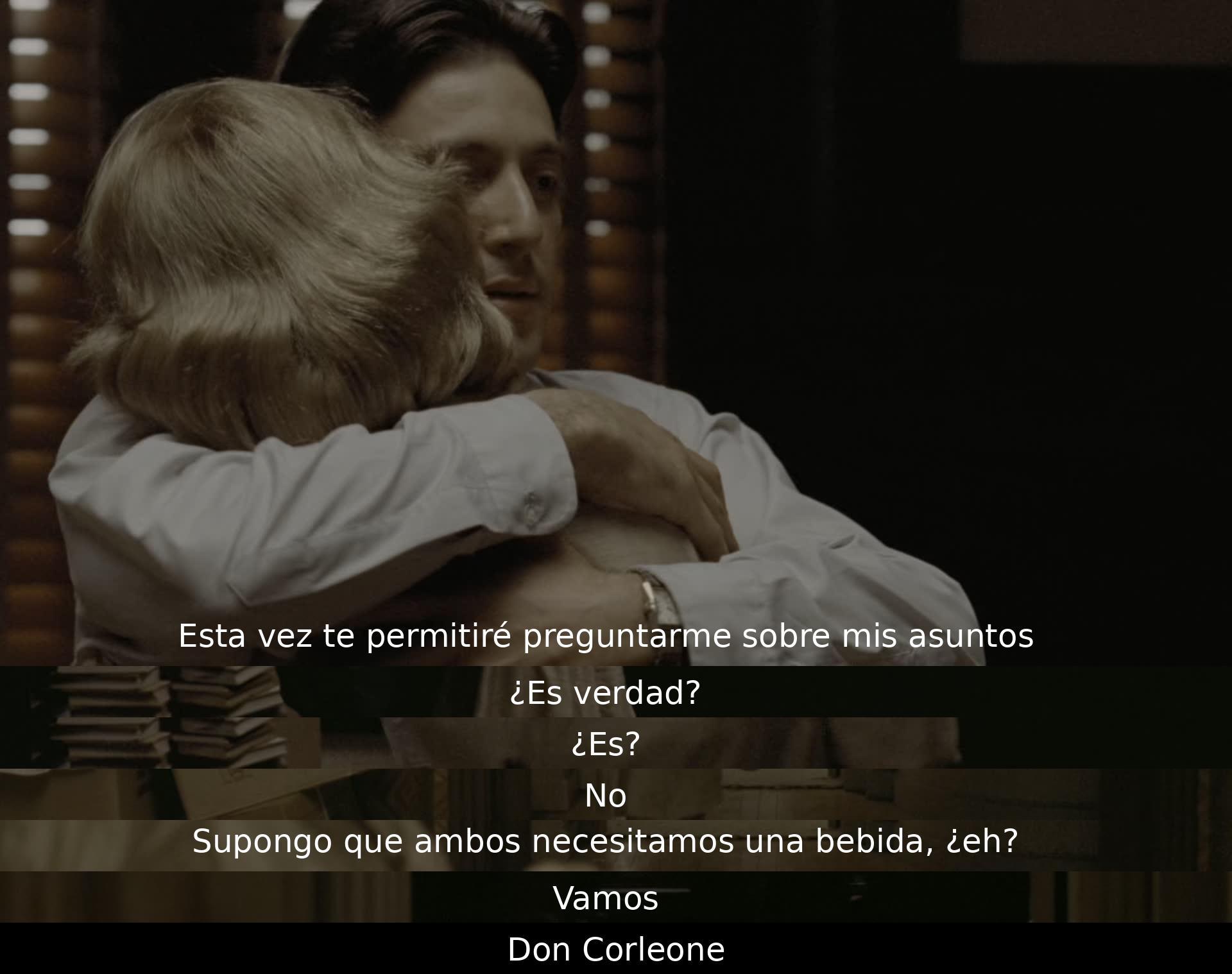 En la escena, un personaje pregunta si puede hablar sobre sus asuntos con Don Corleone, quien responde negativamente. Luego sugiere que ambos necesitan una bebida, y Don Corleone asiente. La conversación revela la necesidad de discreción y la importancia de mantener la compostura en situaciones tensas.