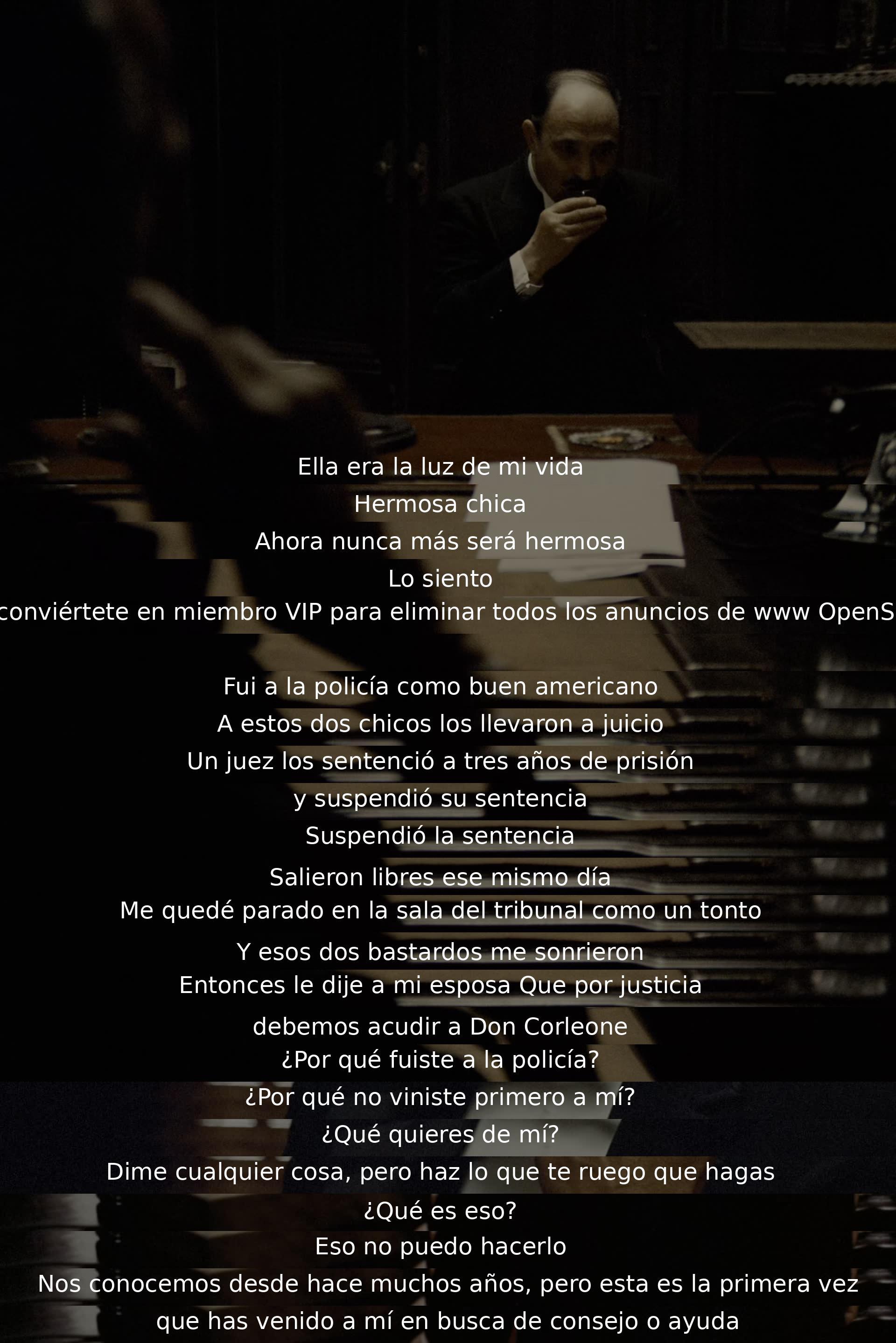 Resumen: Un hombre relata cómo dos individuos fueron liberados de la cárcel rápidamente tras involucrarse con la policía, lo que lo llevó a buscar ayuda del poderoso Don Corleone. A pesar de ofrecer cualquier cosa, el Don se niega a llevar a cabo ciertas acciones solicitadas.