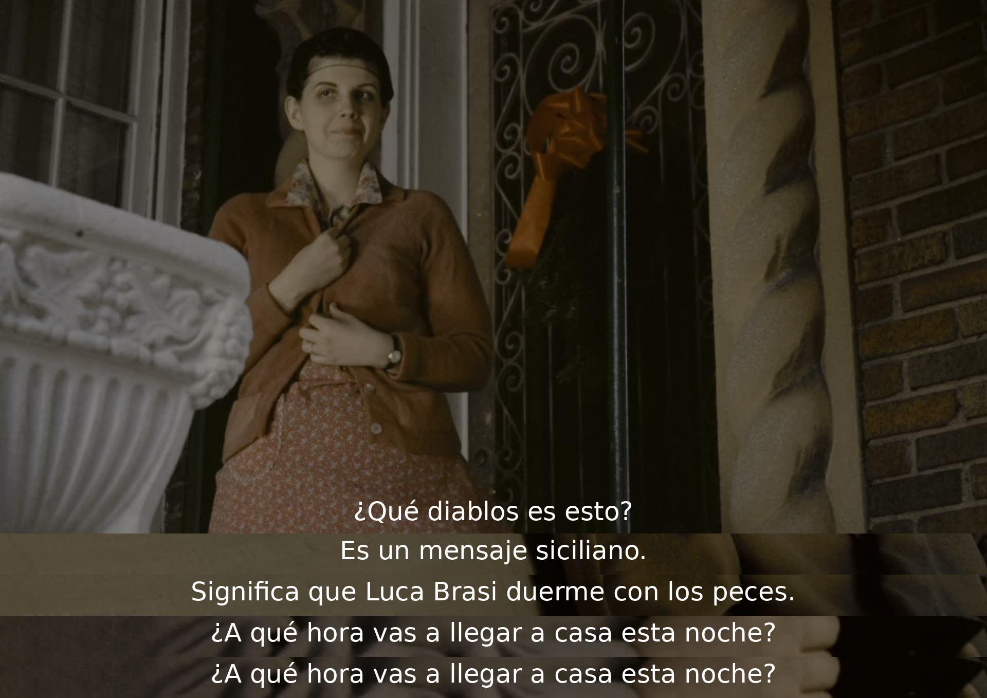 Un personaje cuestiona un mensaje siciliano que indica que Luca Brasi ha muerto. Se despide y la conversación cambia al horario de llegada a casa esa noche.