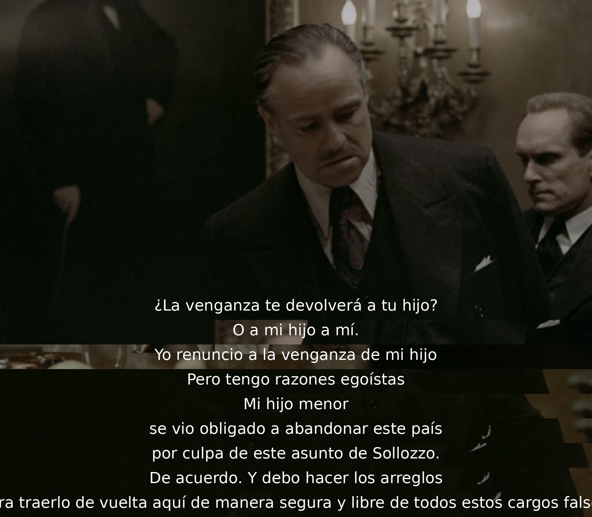 El personaje renuncia a la venganza por su hijo y tiene motivos egoístas. Acepta traer de vuelta a su hijo menor de forma segura y libre de acusaciones falsas relacionadas con un asunto con Sollozzo.