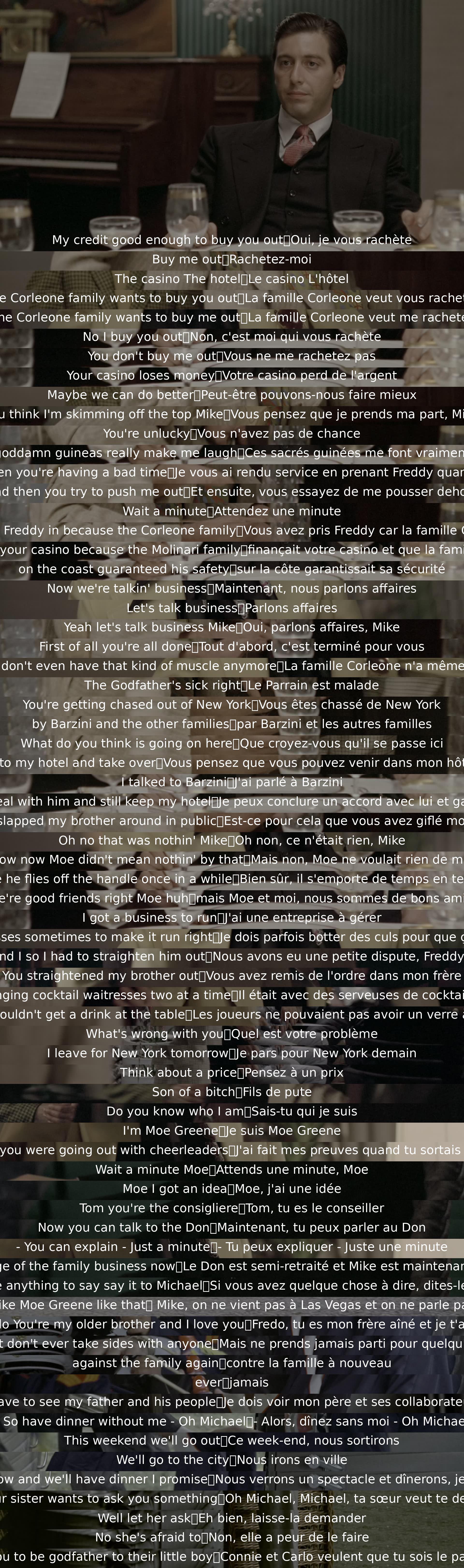 A business negotiation ensues as Moe Greene refuses the Corleone family's buyout offer. Tensions rise as past favors are brought up, leading to a confrontation where Michael asserts his authority and warns Greene of repercussions. The dialogue showcases power dynamics and personal connections within the mafia world.