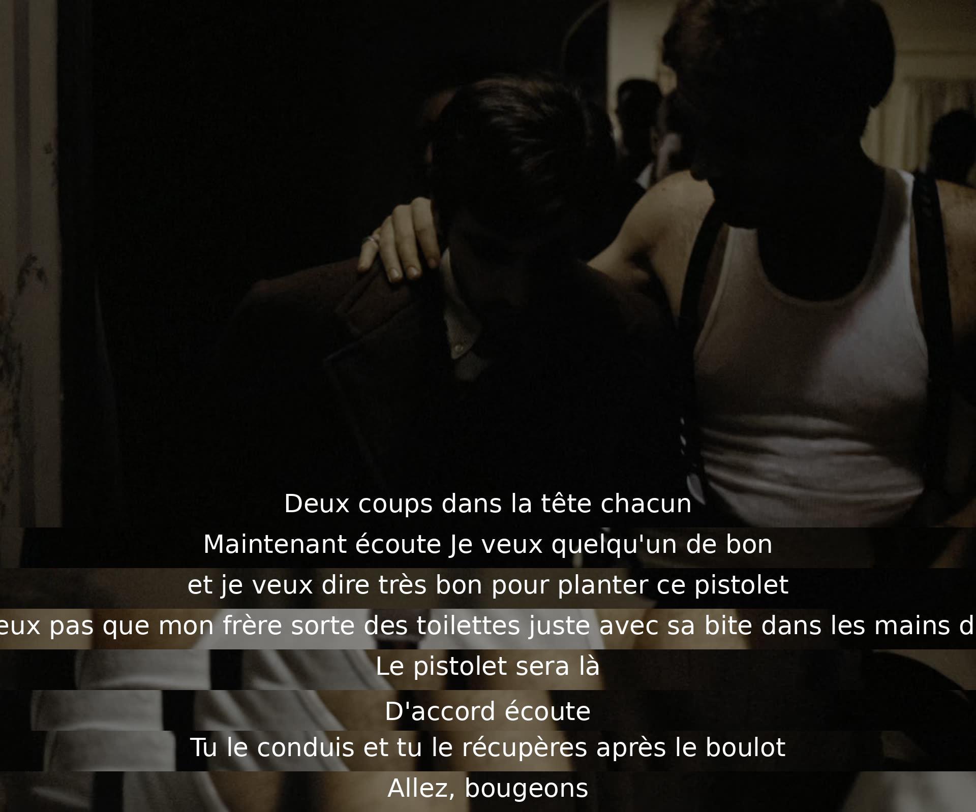 Deux hommes discutent de l'importance d'avoir un professionnel pour accomplir une tâche délicate. Ils insistent sur la discrétion et l'efficacité, exigeant un travail de qualité. Ils planifient l'action avec précision et importance.