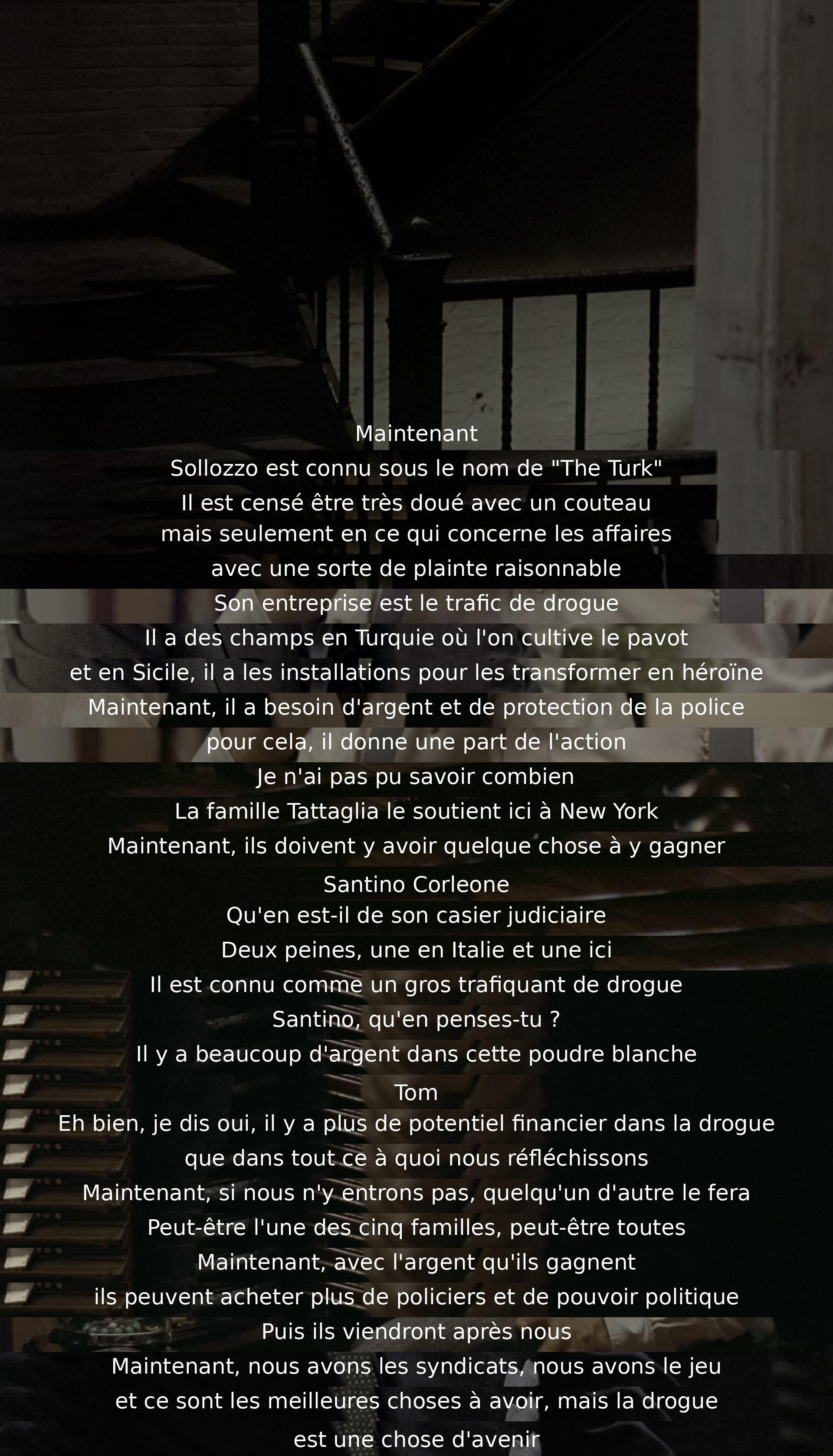 Sollozzo, surnommé "The Turk", est un trafiquant de drogue rusé. Il cultive du pavot en Turquie et transforme l'héroïne en Sicile. Sa famille Tattaglia le soutient à New York. Il offre une part des bénéfices pour de l'argent et de la protection policière. La question se pose : entrer ou non dans le commerce lucratif de la drogue pour éviter d'autres familles rivales.