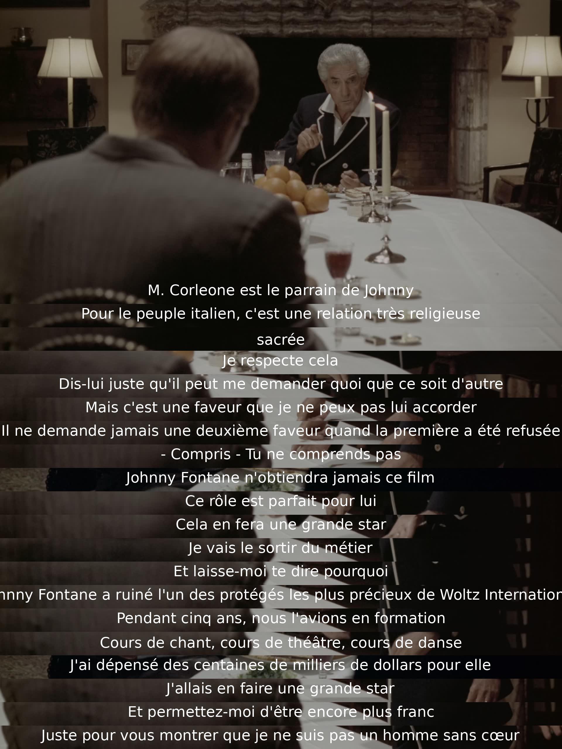 M. Corleone refuses to grant Johnny Fontane a movie role due to personal reasons and a rivalry with Woltz International, despite Fontane's potential success. The refusal stems from a past incident where Fontane ruined Woltz's protégé's career despite significant investment in her.