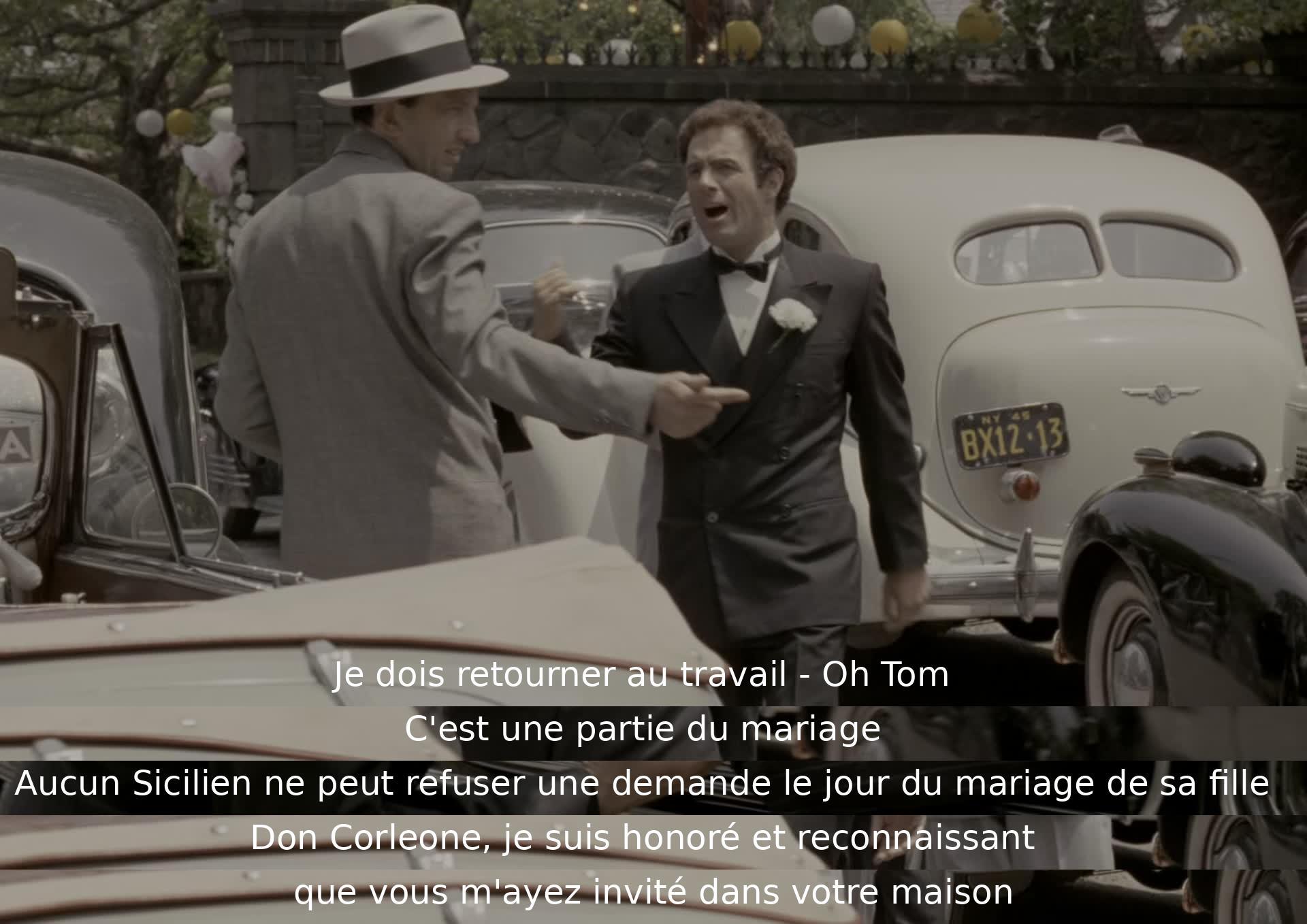 Le personnage doit retourner au travail mais est informé qu'il ne peut refuser une faveur demandée le jour du mariage de sa fille par un Sicilien. Il exprime son honneur d'être invité chez Don Corleone.