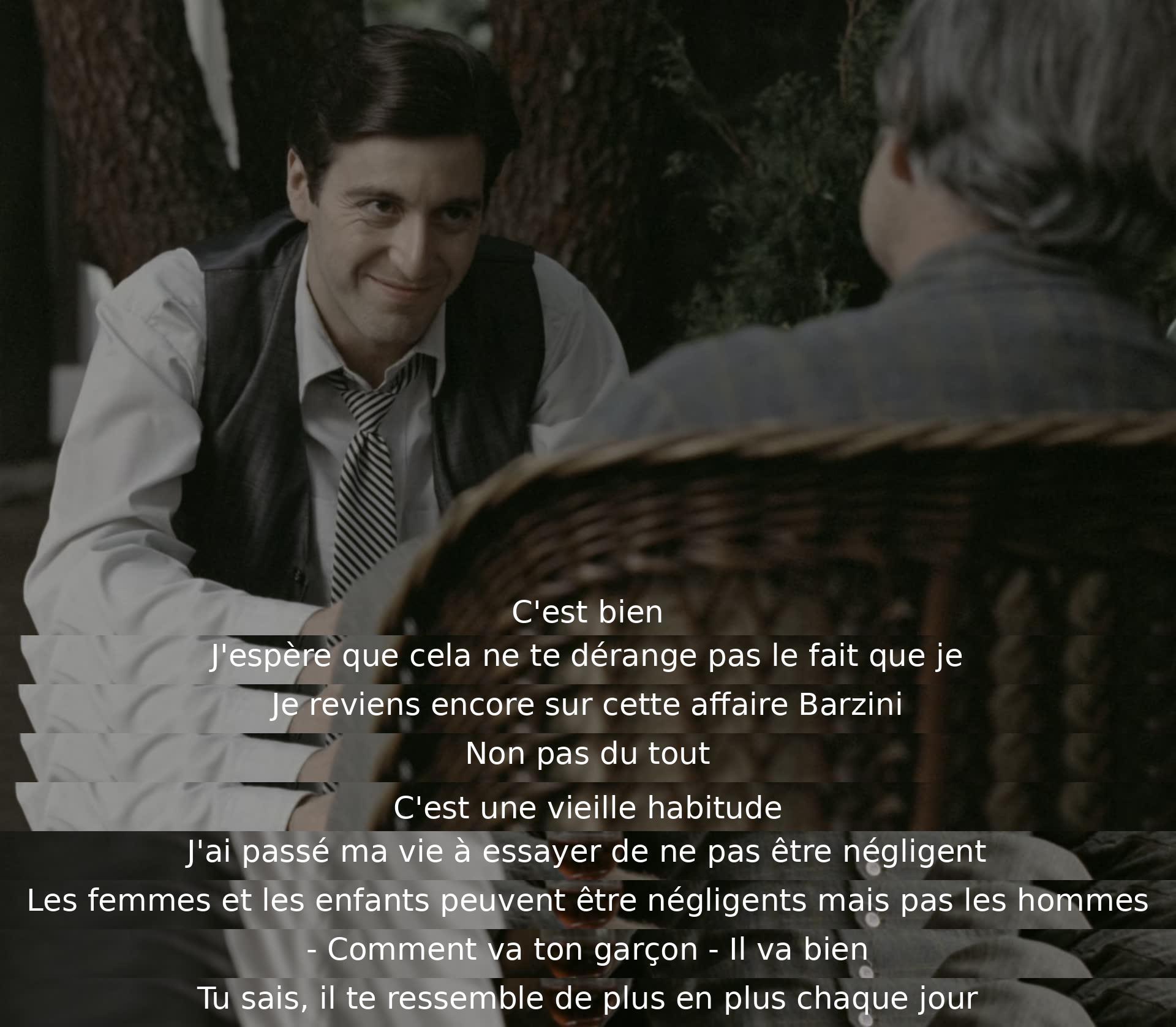 Un homme réfléchit à une affaire passée en compagnie d'un associé. Il partage son souci de ne pas être négligent, affirmant que femmes et enfants peuvent l'être mais pas les hommes. La conversation se termine sur une note personnelle, discutant de la ressemblance grandissante du fils de l'homme.