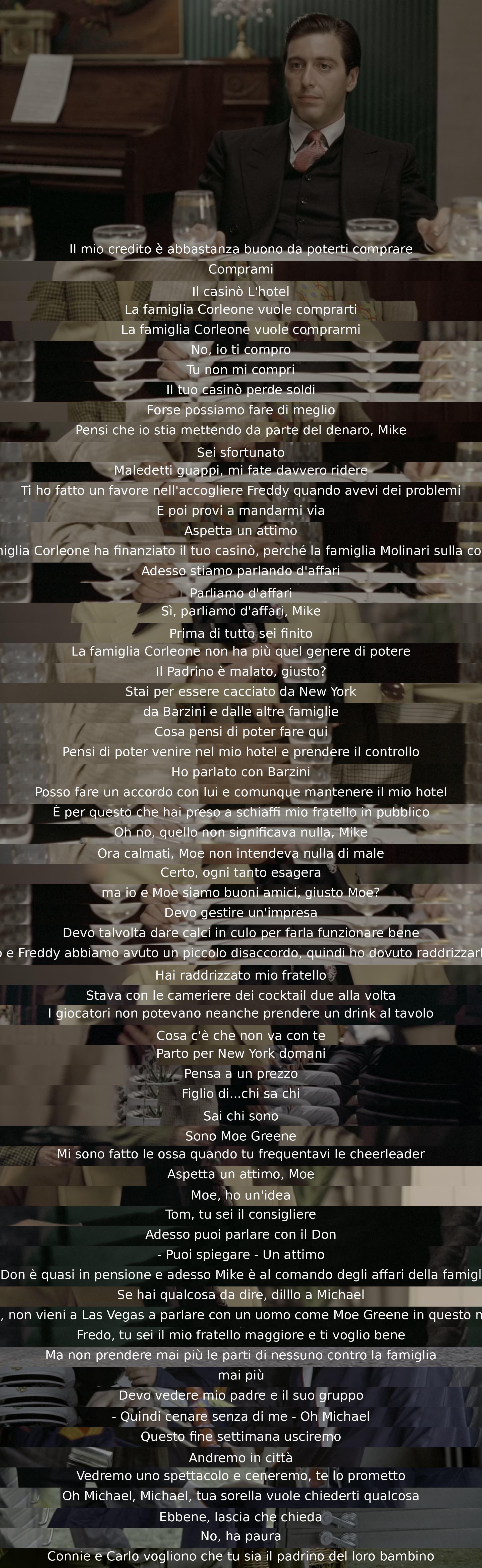 Un uomo offre di comprare un casinò e un hotel, ma viene respinto. Si scopre che il casinò è in perdita e ci sono tensioni tra le famiglie Corleone e Molinari. La discussione si trasforma in conflitto e minacce, con riferimento ai poteri del padrino malato e alle strategie per mantenere il controllo.