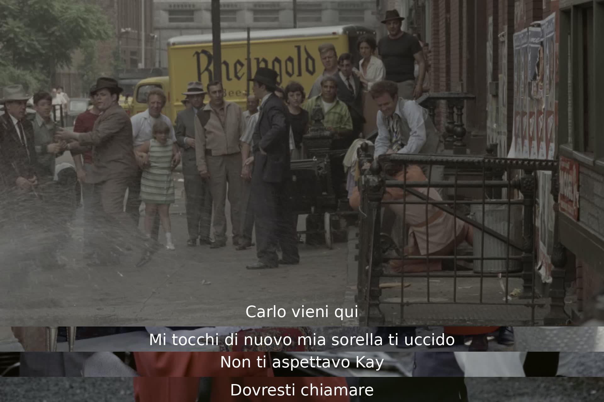 Carlo is warned by Michael not to touch his sister again, or he will be killed. Kay unexpectedly enters and is advised to call.