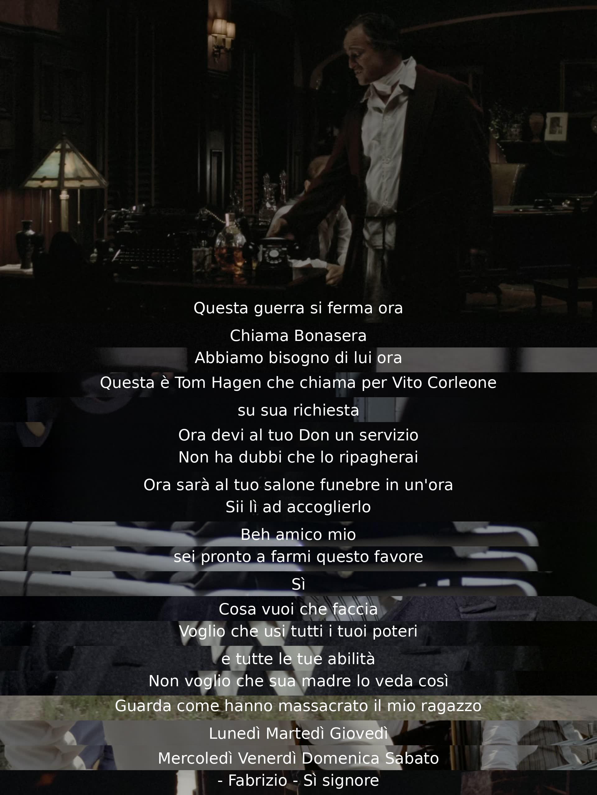 Tom Hagen, representing Vito Corleone, requests Bonasera's urgent help to prepare Sonny's body for the funeral in the movie scene. Sonny was brutally killed, and his mother should not see him in that state. Bonasera agrees to fulfill this task out of respect and loyalty to Don Corleone.