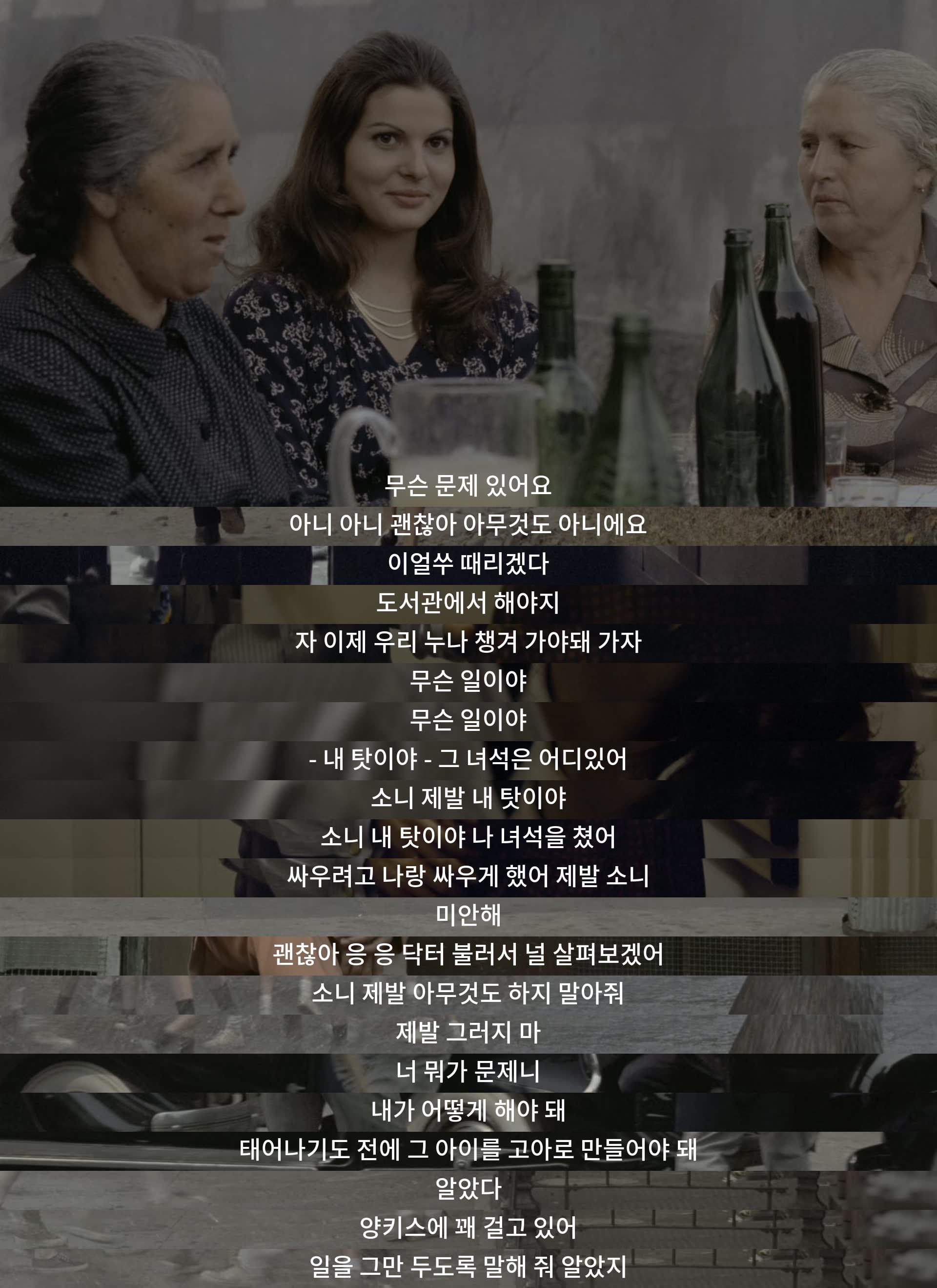 문제 발생. 소니 때리기. 도서관으로. 누나 챙겨야 함. 소니 탓. 싸움. 소니 미안. 치료 필요. 살인 암시. 일 그만두라고 말해.