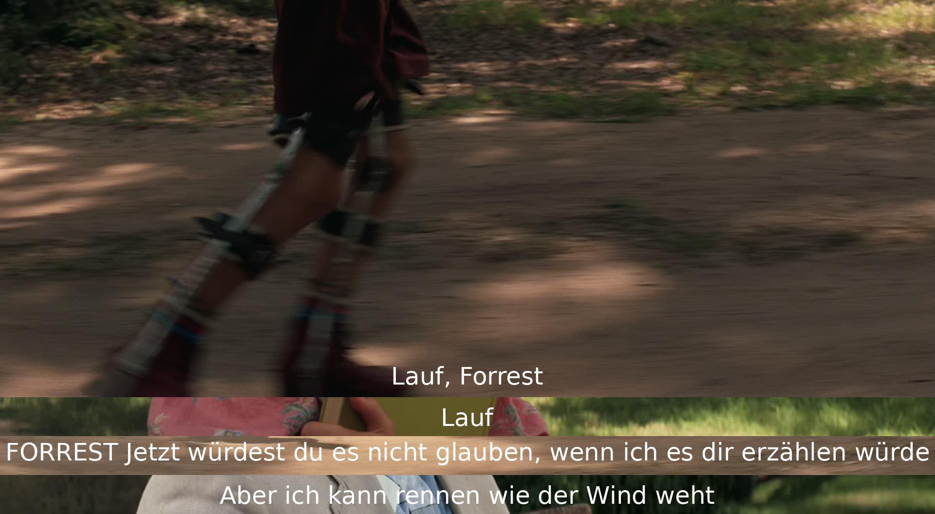 "Lauf, Forrest, lauf!" - Forrest erzählt, dass er schnell wie der Wind rennen kann. Trotz Skepsis über seine Fähigkeiten beeindruckt er mit seiner Geschwindigkeit.