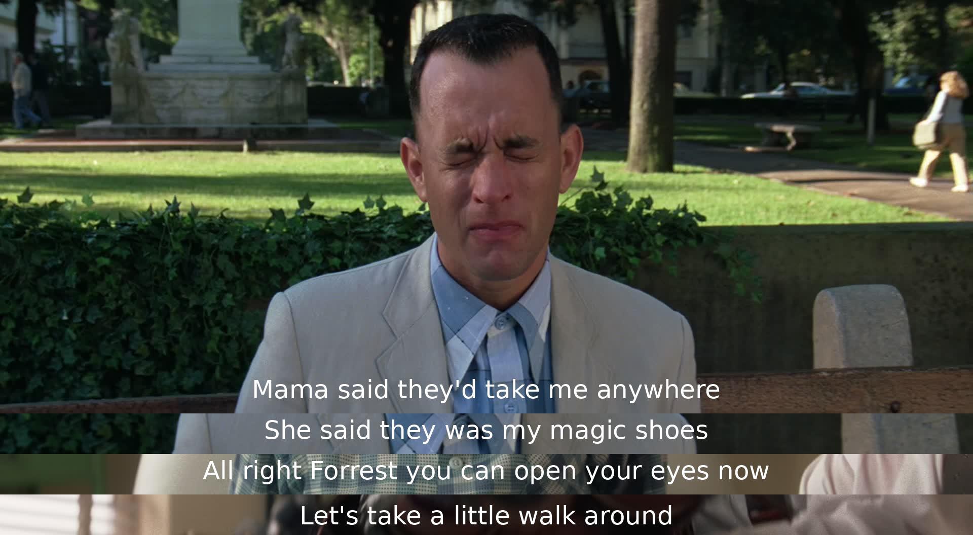 A mother gives her son magic shoes to take him anywhere. He is instructed to open his eyes and take a walk with someone named Forrest.