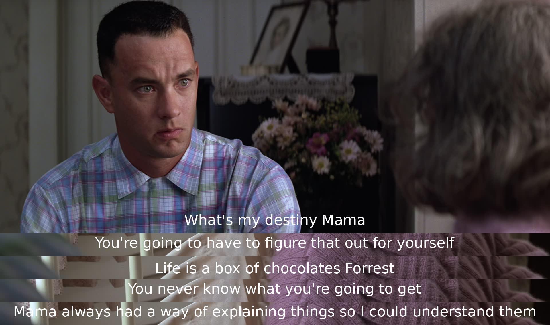 A conversation between a son and his mother reveals a message about the uncertainty of life. The mother encourages him to determine his own destiny, using a metaphor of life being like a box of chocolates - full of surprises and unknown outcomes.