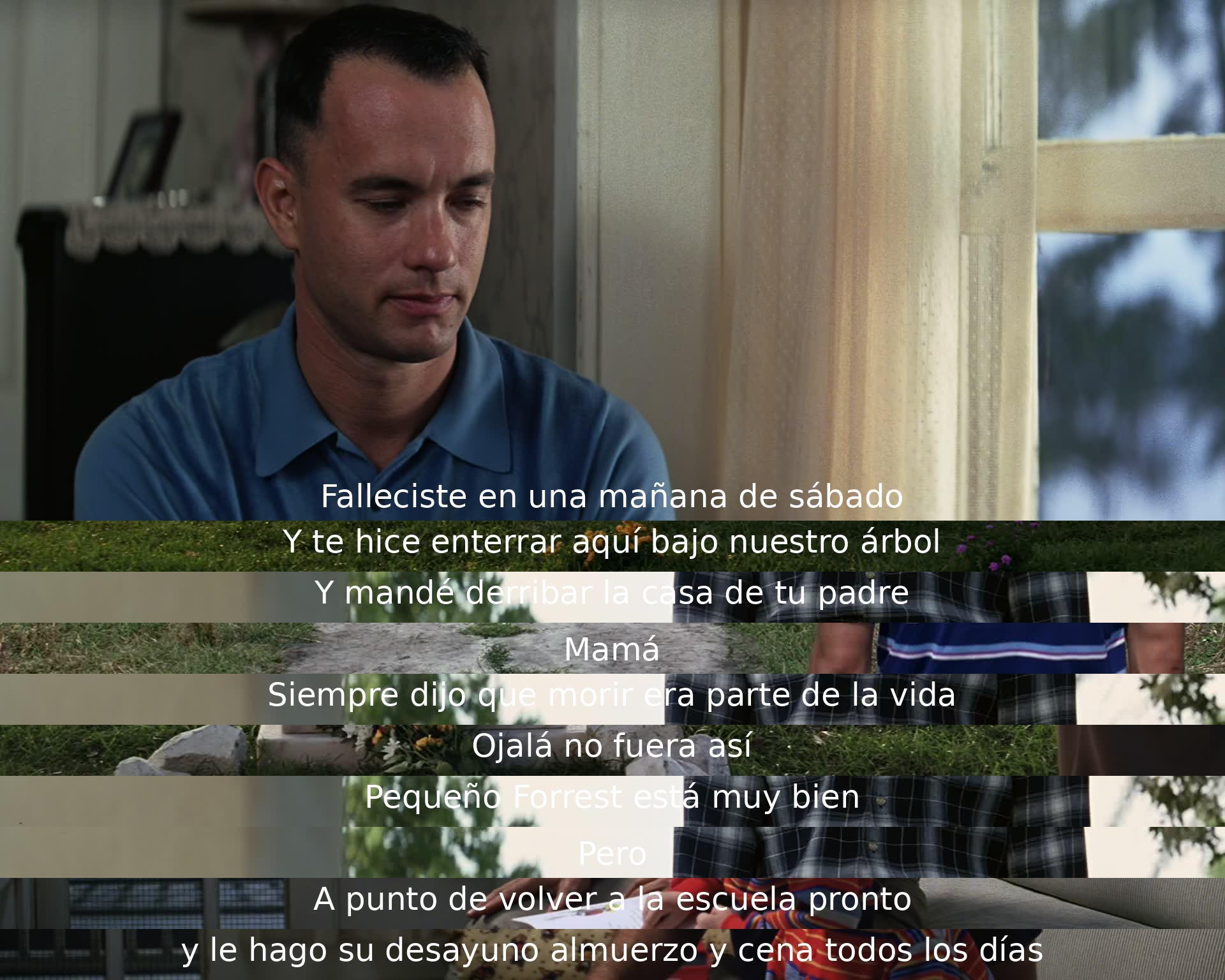 El personaje principal lamenta la muerte de su ser querido, reflexiona sobre la vida y cuida de su hijo, preparándole comida todos los días mientras se prepara para regresar a la escuela.