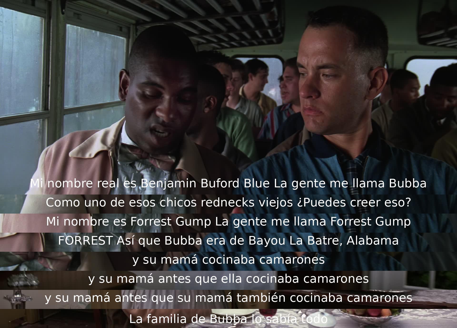 Un hombre llamado Bubba le cuenta a Forrest Gump sobre su familia de Alabama que cocinaba camarones. Forrest se sorprende de las generaciones de cocineros de camarones en la familia de Bubba.