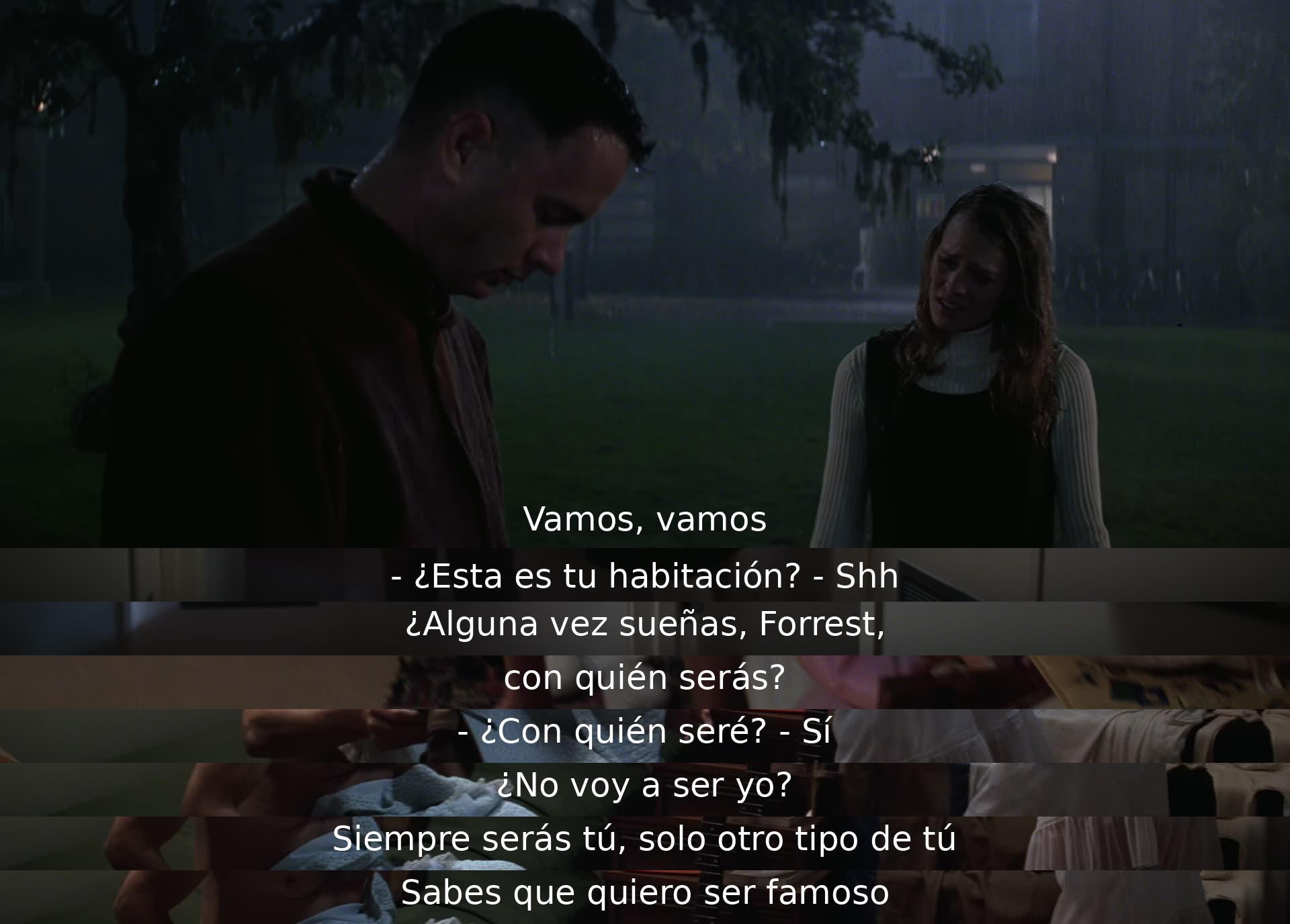 En la escena, dos personajes hablan sobre los sueños de Forrest y ser famoso. Forrest expresa que siempre será él mismo, solo de una manera diferente. Hay un sentido de anhelo por la fama y una reflexión sobre la identidad personal en las palabras de los personajes.