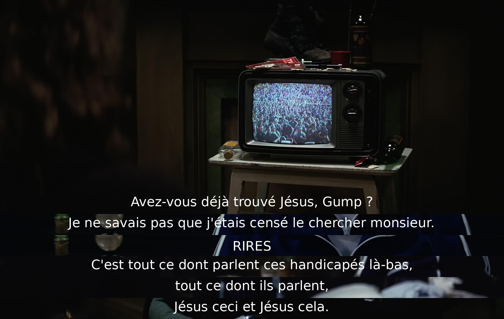 Le personnage principal est interrogé sur Jésus, mais ne comprend pas qu'il est censé le chercher. Son interlocuteur se moque des personnes handicapées qui parlent constamment de Jésus.