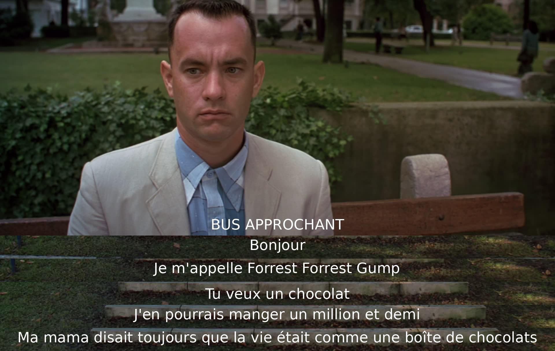 An individual introduces themselves as Forrest Gump on a bus, offering chocolates. They mention how their mom compared life to a box of chocolates, expressing a desire to eat a million and a half of them.