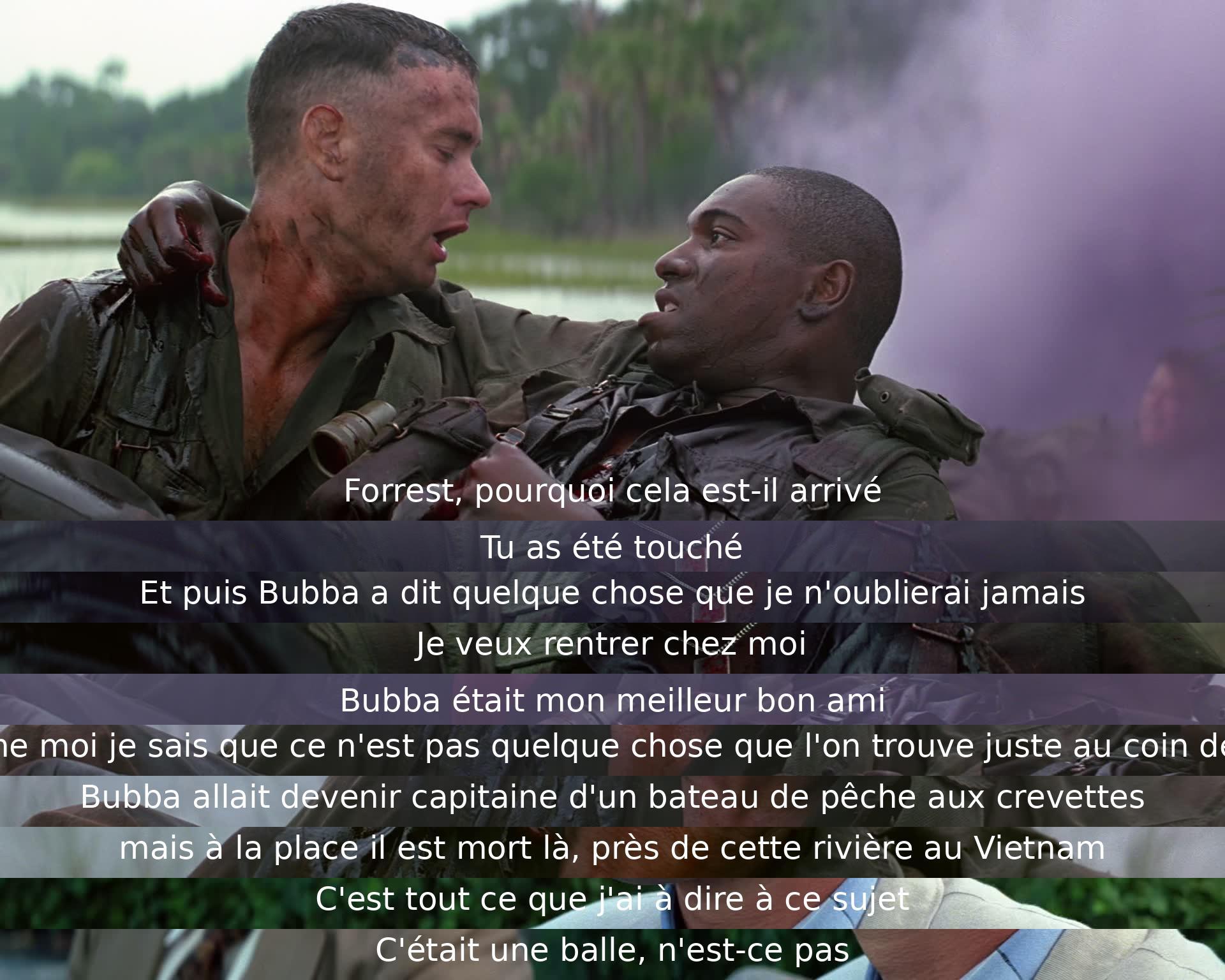 Forrest exprime le chagrin de perdre son ami Bubba pendant la guerre du Vietnam. Il souhaite rentrer chez lui et se souvient des rêves de Bubba de devenir capitaine de bateau de pêche aux crevettes. Forrest est attristé par la perte de son ami et se remémore leur amitié.