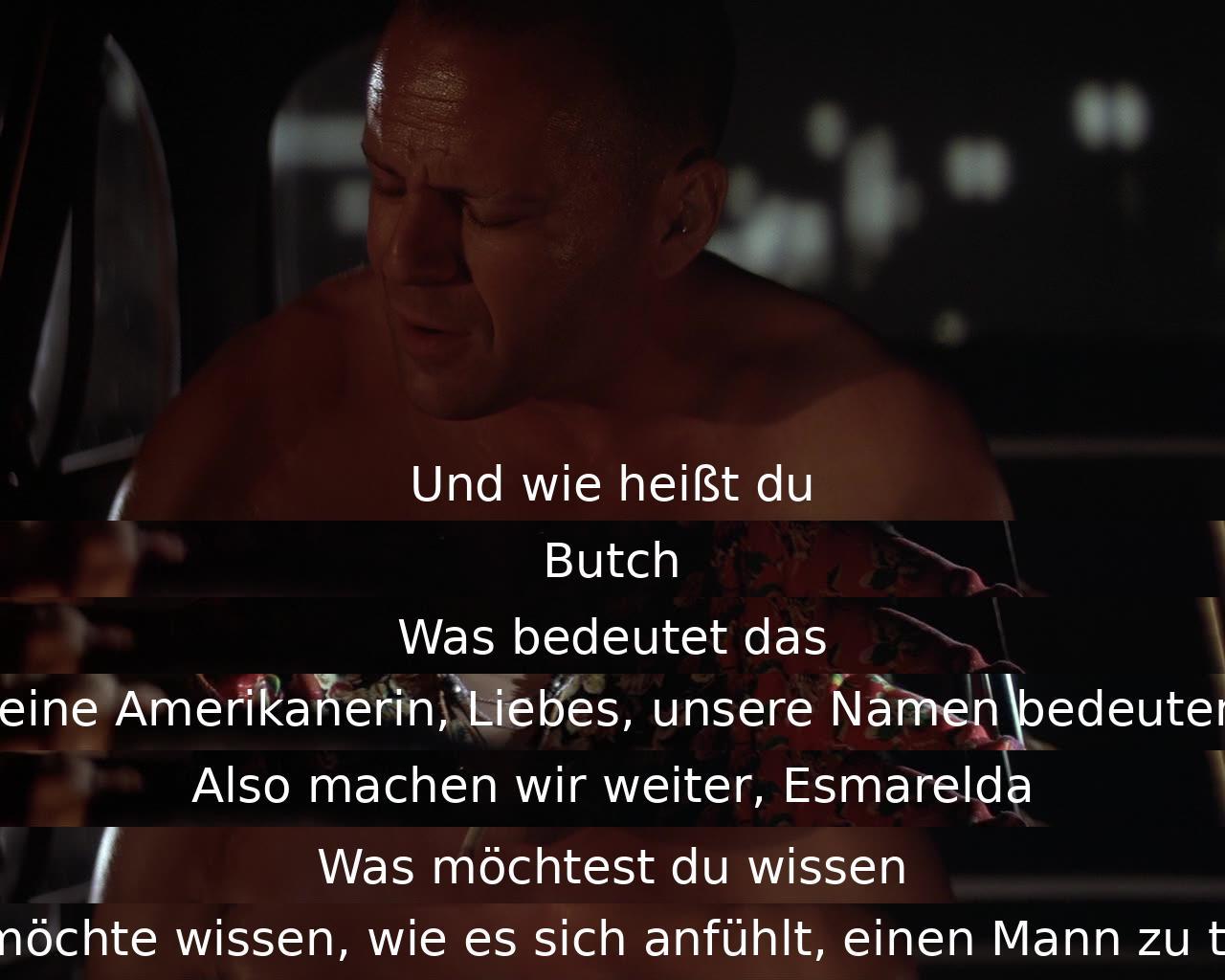 Ein Mann namens Butch und eine Frau namens Esmarelda diskutieren über Namen und die Empfindung des Tötens eines Mannes. Butch erklärt seinen Namen und Esmarelda zeigt Interesse daran, wie es ist, jemanden zu töten.