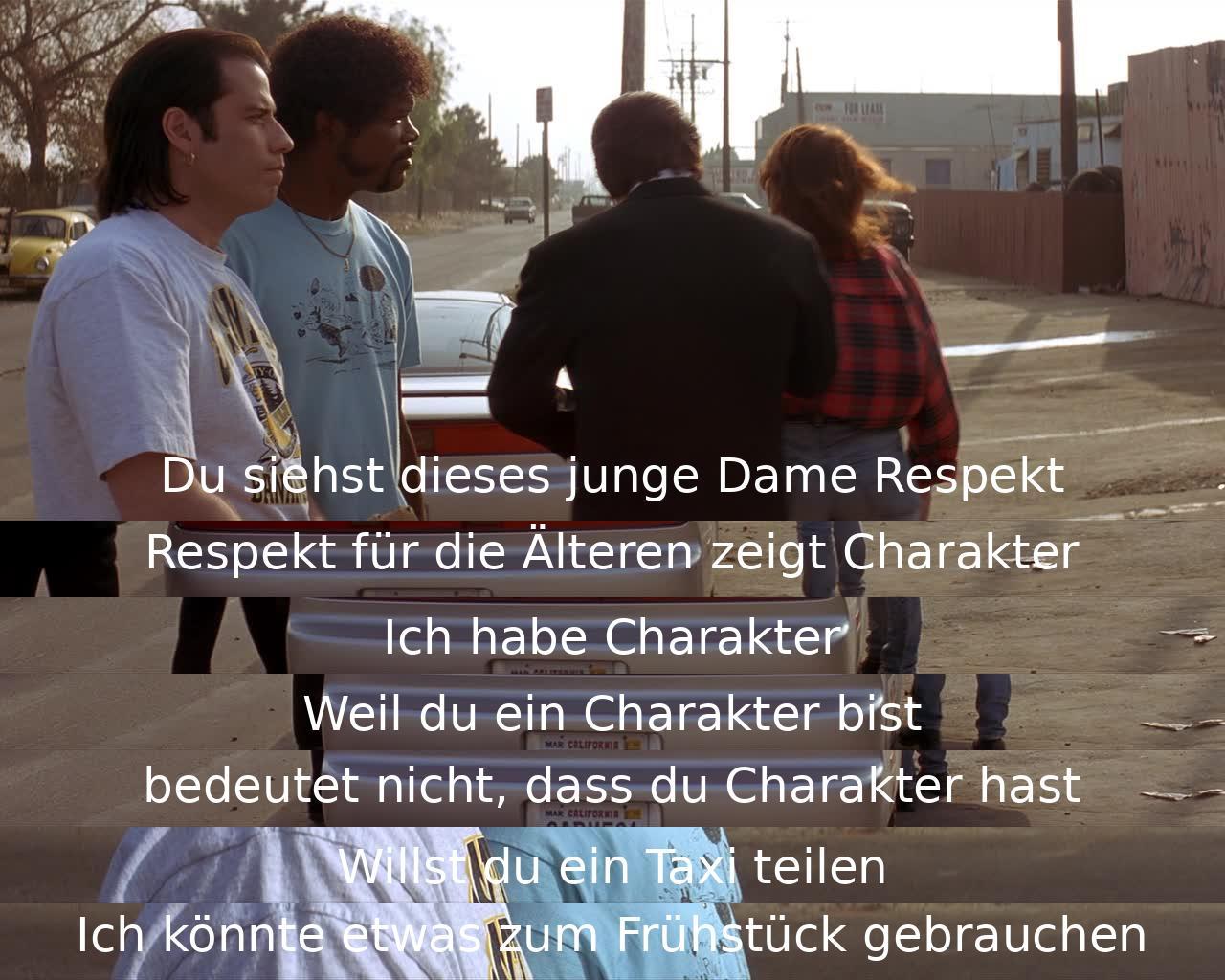 Ein Mann erklärt einer jungen Frau die Bedeutung von Respekt für Ältere und Charakter. Er bietet ihr an, ein Taxi zu teilen und Frühstück zu sich zu nehmen. Die Frau scheint nachdenklich zu sein und entscheidet sich mit ihm zu gehen.