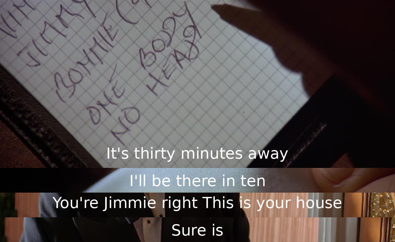 One character promises to arrive in ten minutes to a house owned by another character named Jimmie, who confirms his identity.
