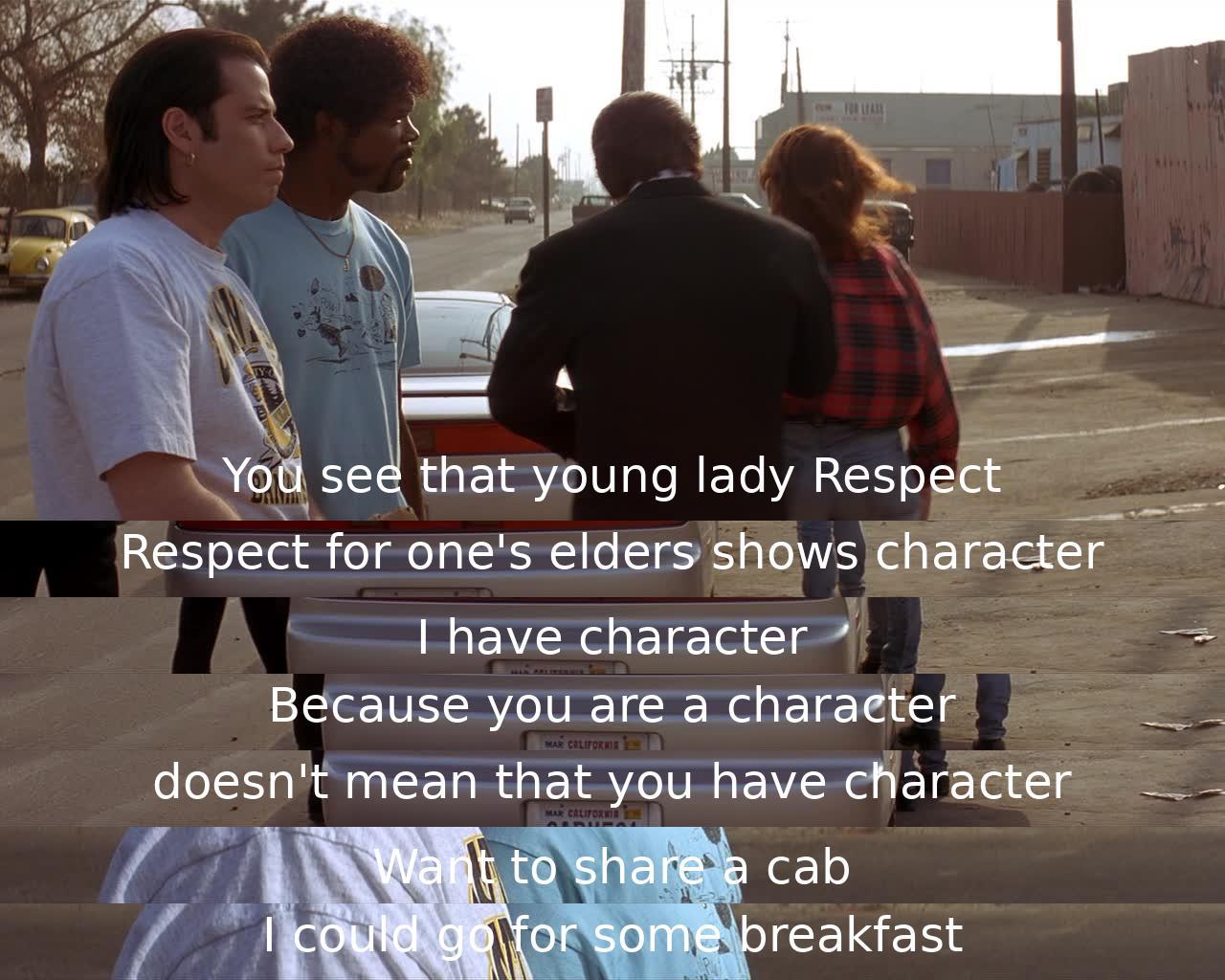 Two characters discuss respect, character, and breakfast. One character asserts having character, while the other suggests being a character doesn't guarantee having character. They consider sharing a cab for breakfast.