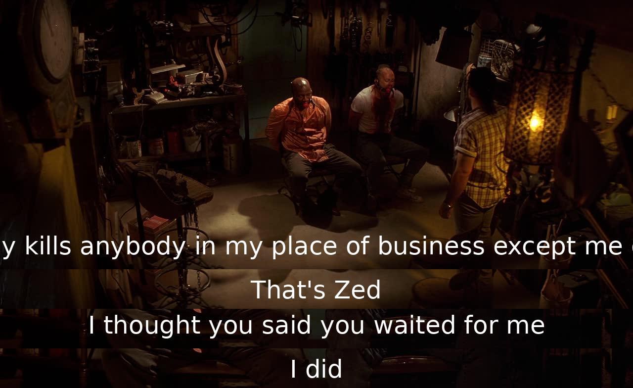 The character asserts their authority by stating that only themselves or Zed can kill in their business. Zed is mentioned, leading to confusion about waiting.
