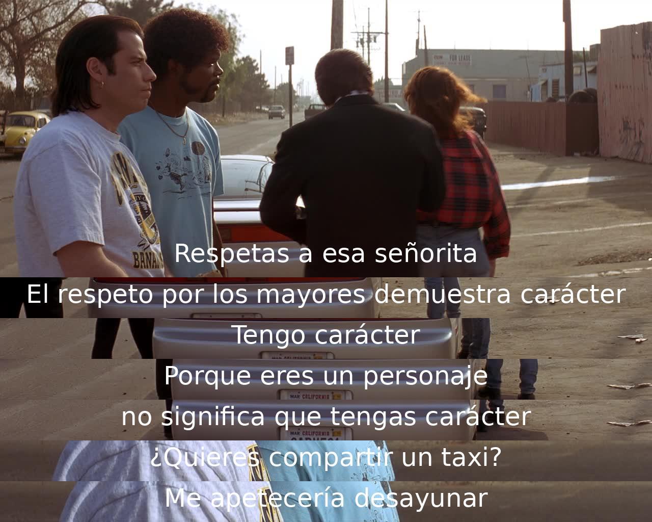 Un personaje desafía a un hombre a respetar a una dama mayor para demostrar carácter. Se invita a desayunar al final de la conversación.