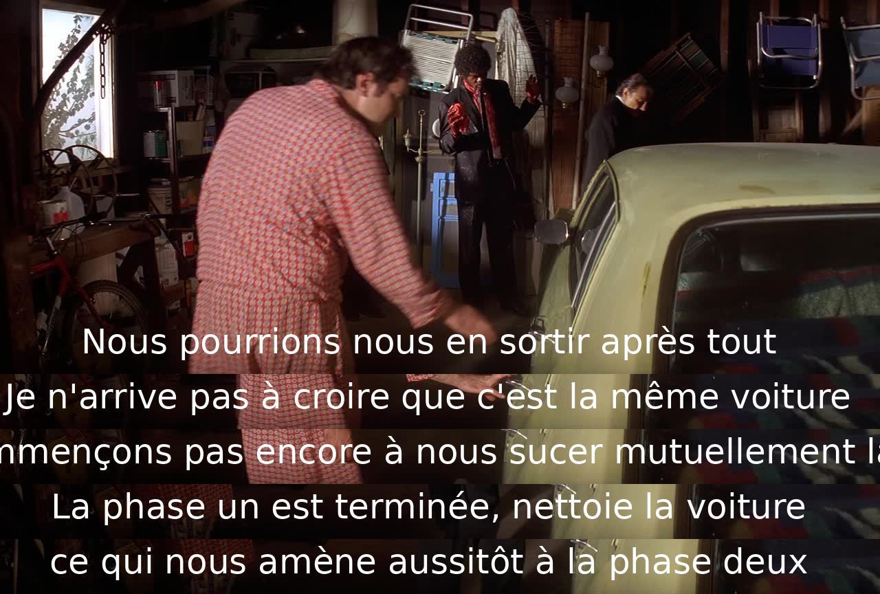 Le dialogue concerne un plan qui implique un nettoyage de voiture après un succès initial. Les personnages discutent de la progression du plan et mettent l'accent sur l'importance de passer à l'étape suivante sans perdre de temps.