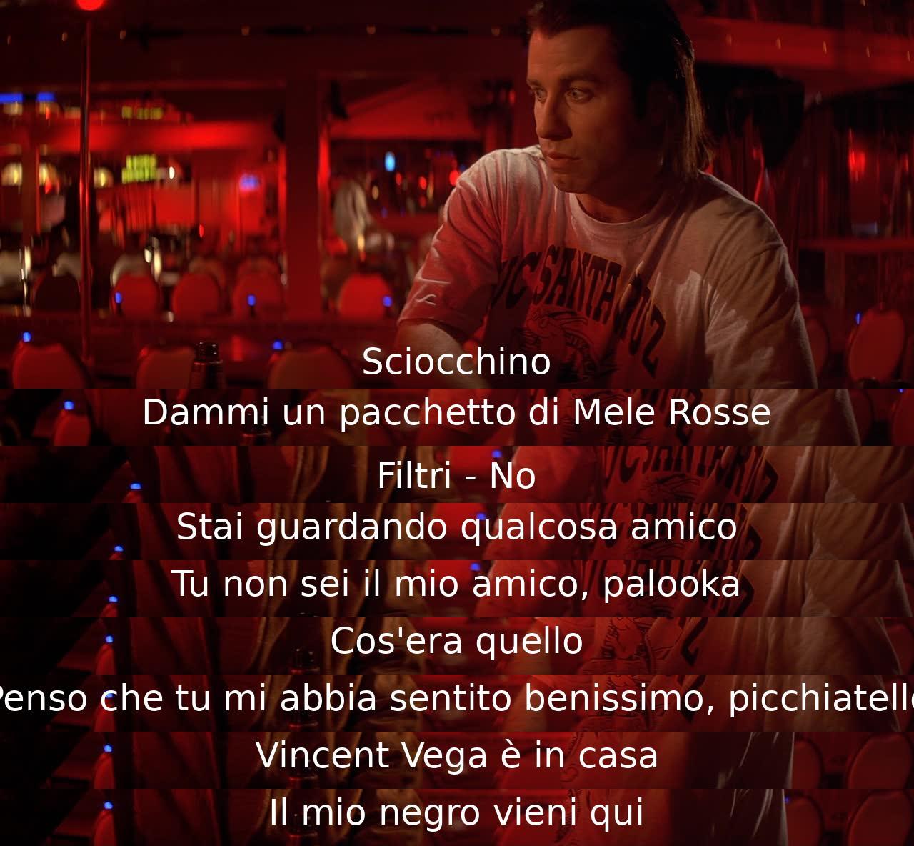 Un uomo osserva un negoziante con atteggiamento minaccioso e richiede delle mele rosse. Si scambiano insulti, poi l'uomo rivela la presenza di Vincent Vega.